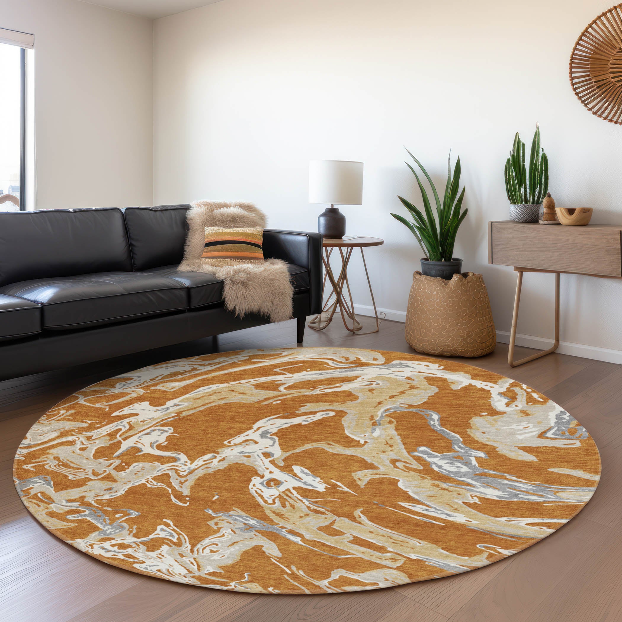 Tbilisi Machine Washable Transitional Copper Orange Rug 8' x 8' #shape_Round