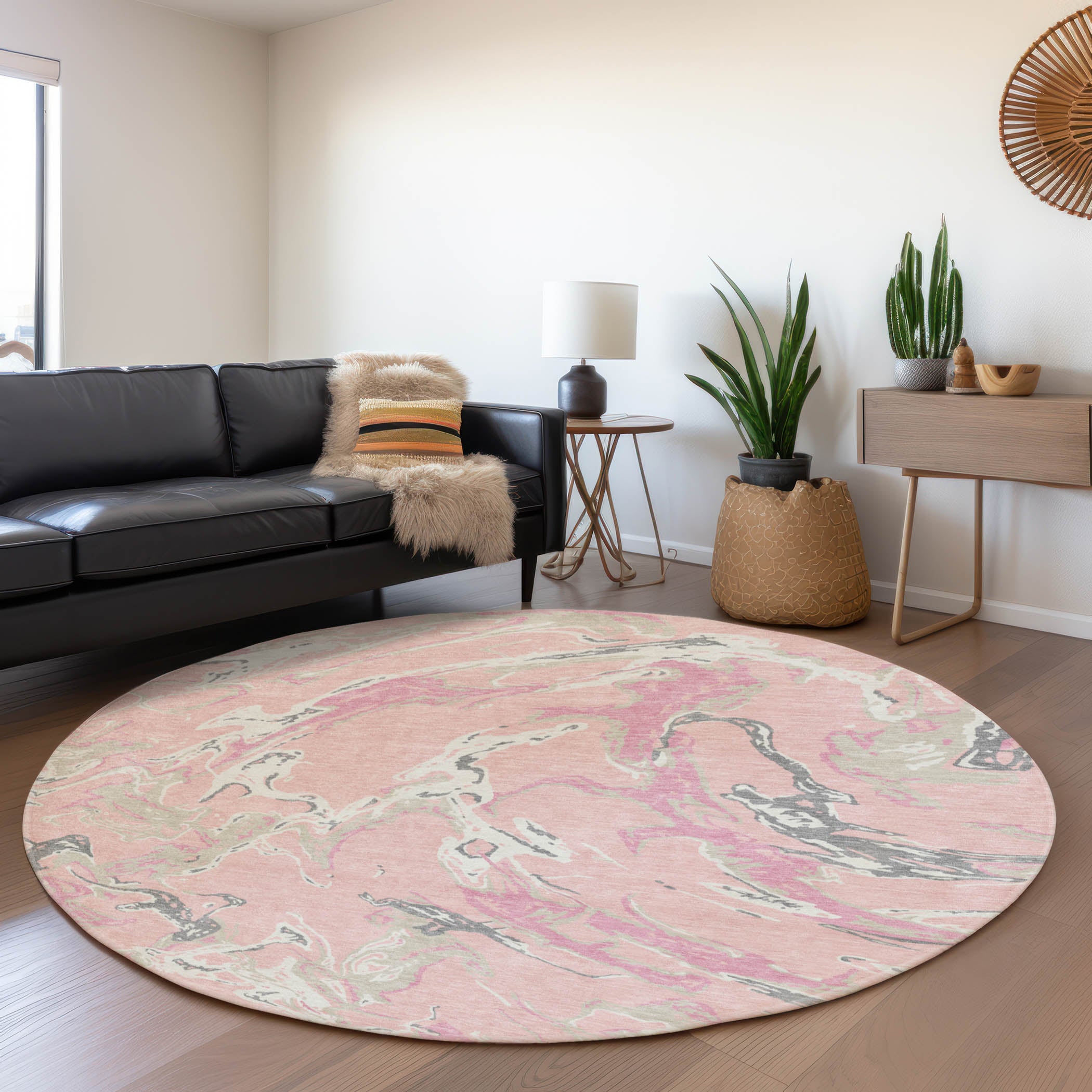 Tbilisi Machine Washable Transitional Pink Rug 8' x 8' #shape_Round
