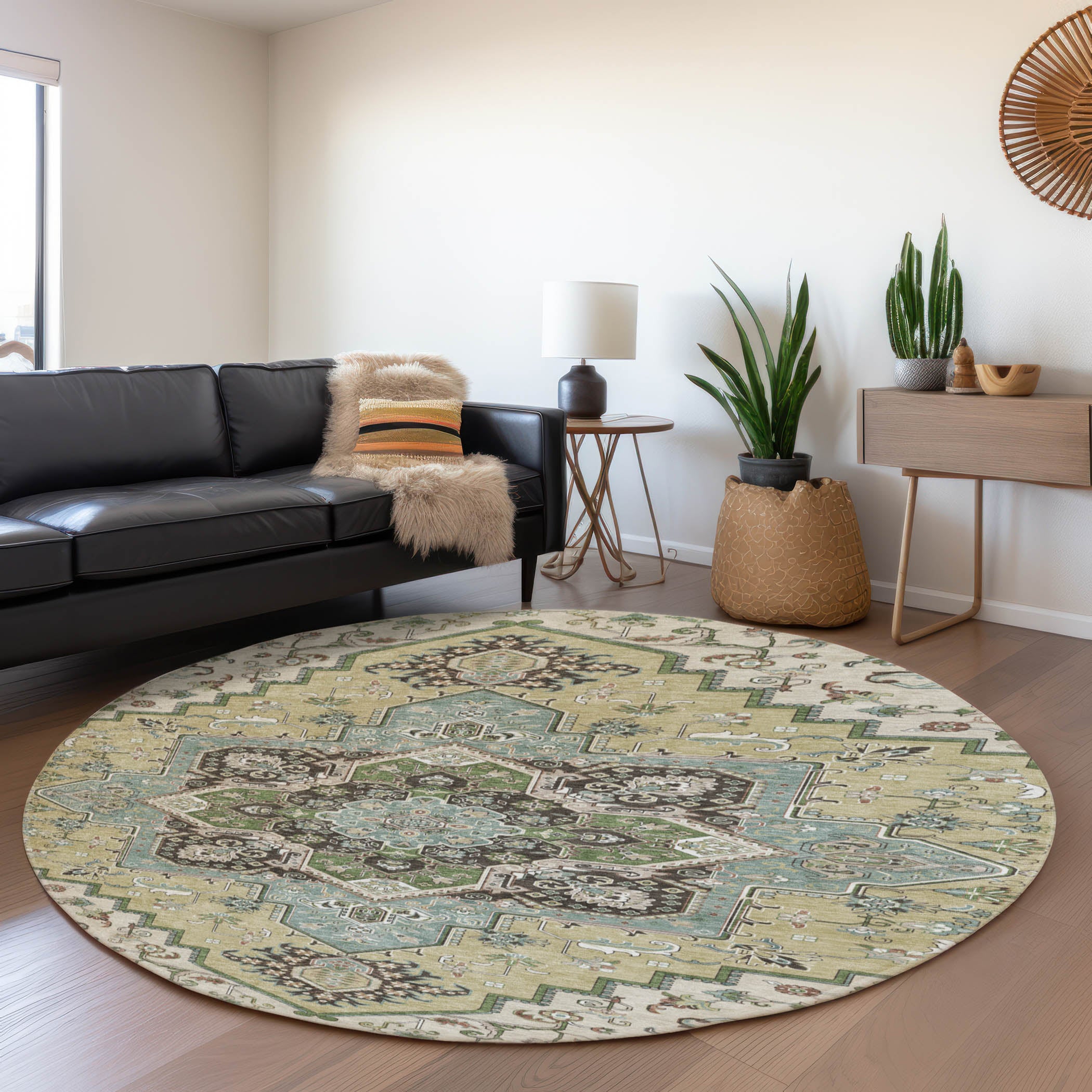 Kathmandu Machine Washable Traditional Beige Brown Rug 8' x 8' #shape_Round