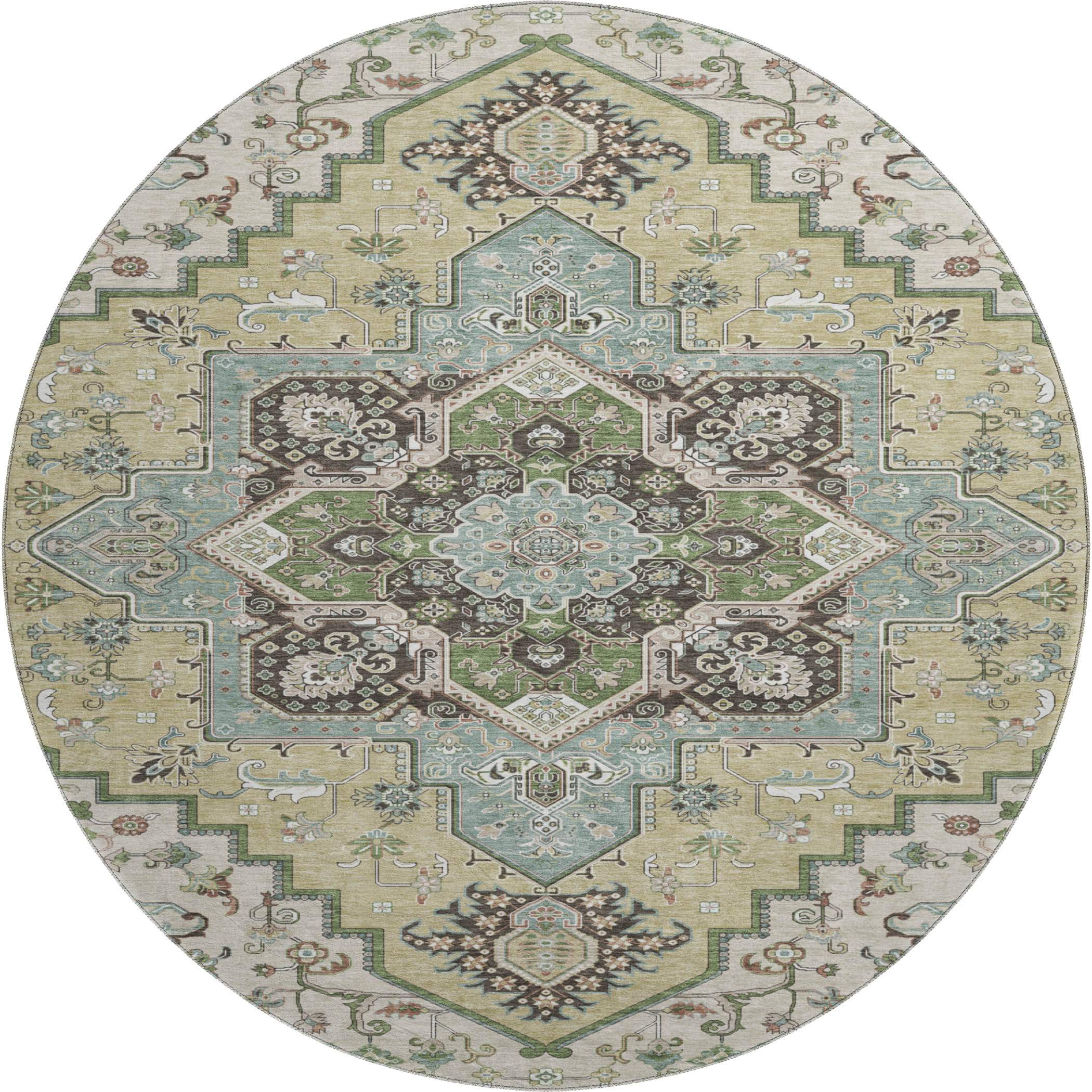 Kathmandu Machine Washable Traditional Beige Brown Rug 8' x 8' #shape_Round