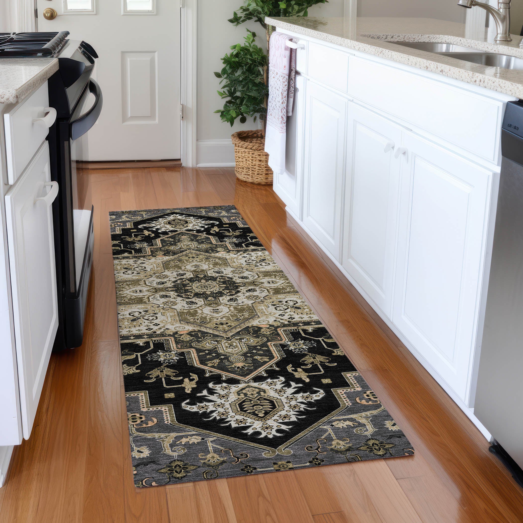 Kathmandu Machine Washable Traditional Black Rug 2'3" x 7'6" #shape_Runner