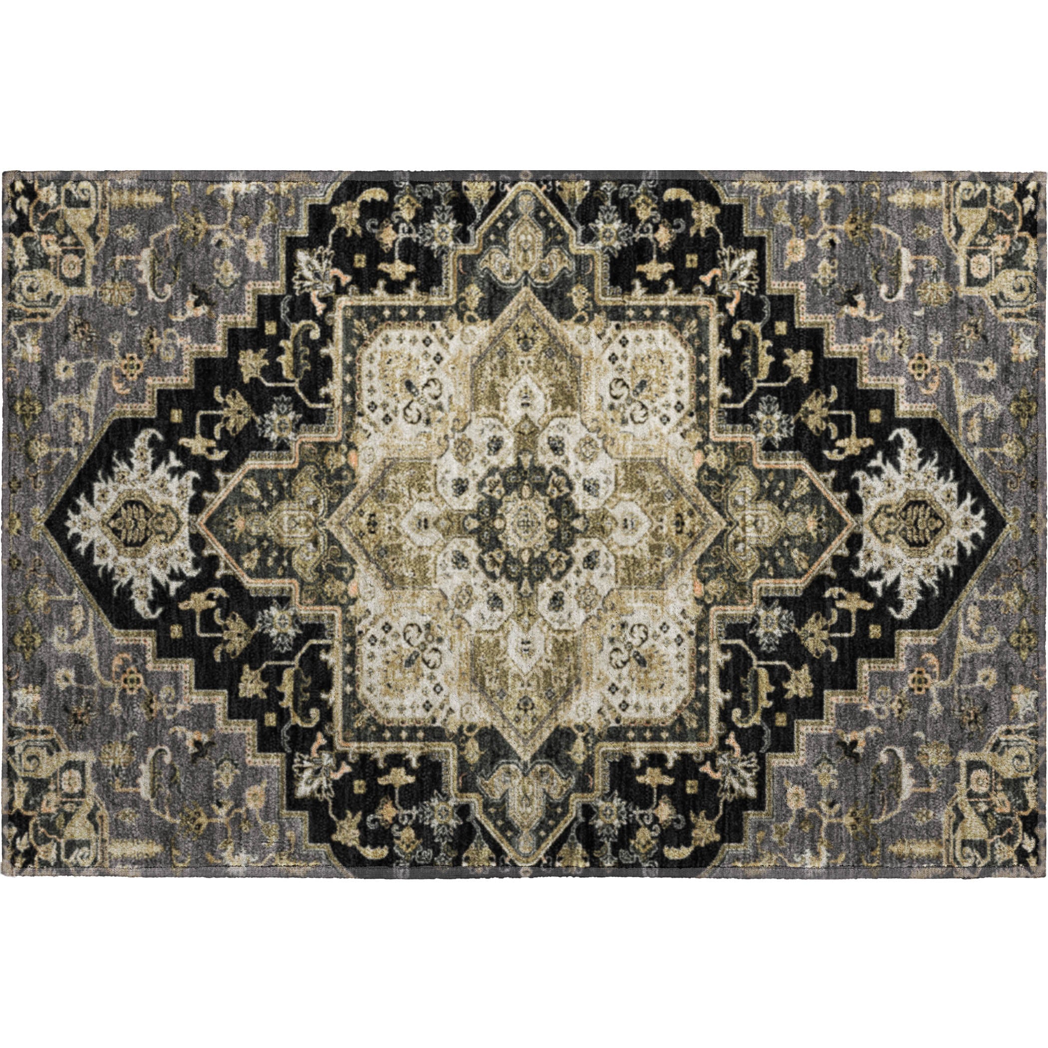 Kathmandu Machine Washable Traditional Black Rug 1'8" x 2'6" #shape_Rectangle