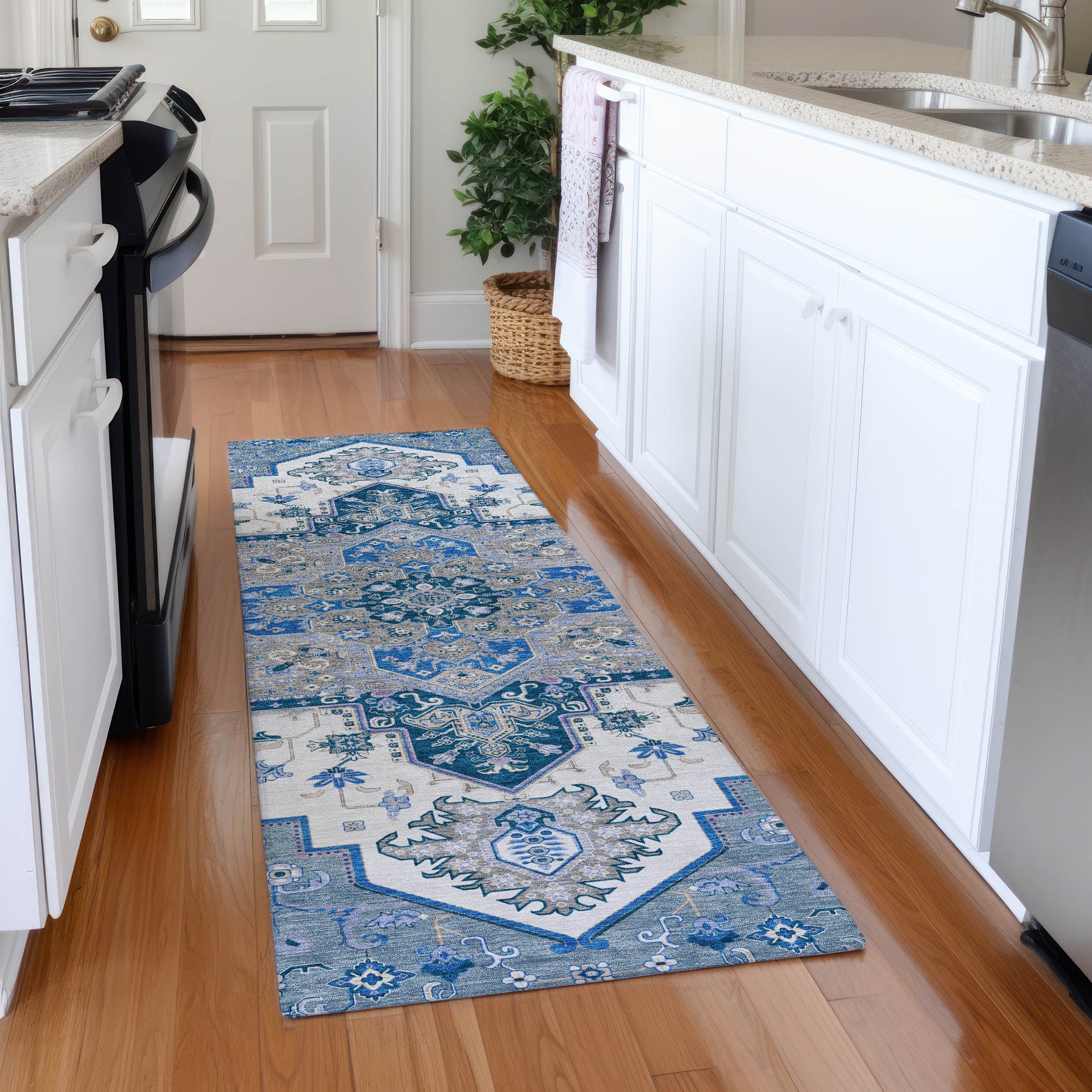 Kathmandu Machine Washable Traditional Blue Rug 2'3" x 7'6" #shape_Runner