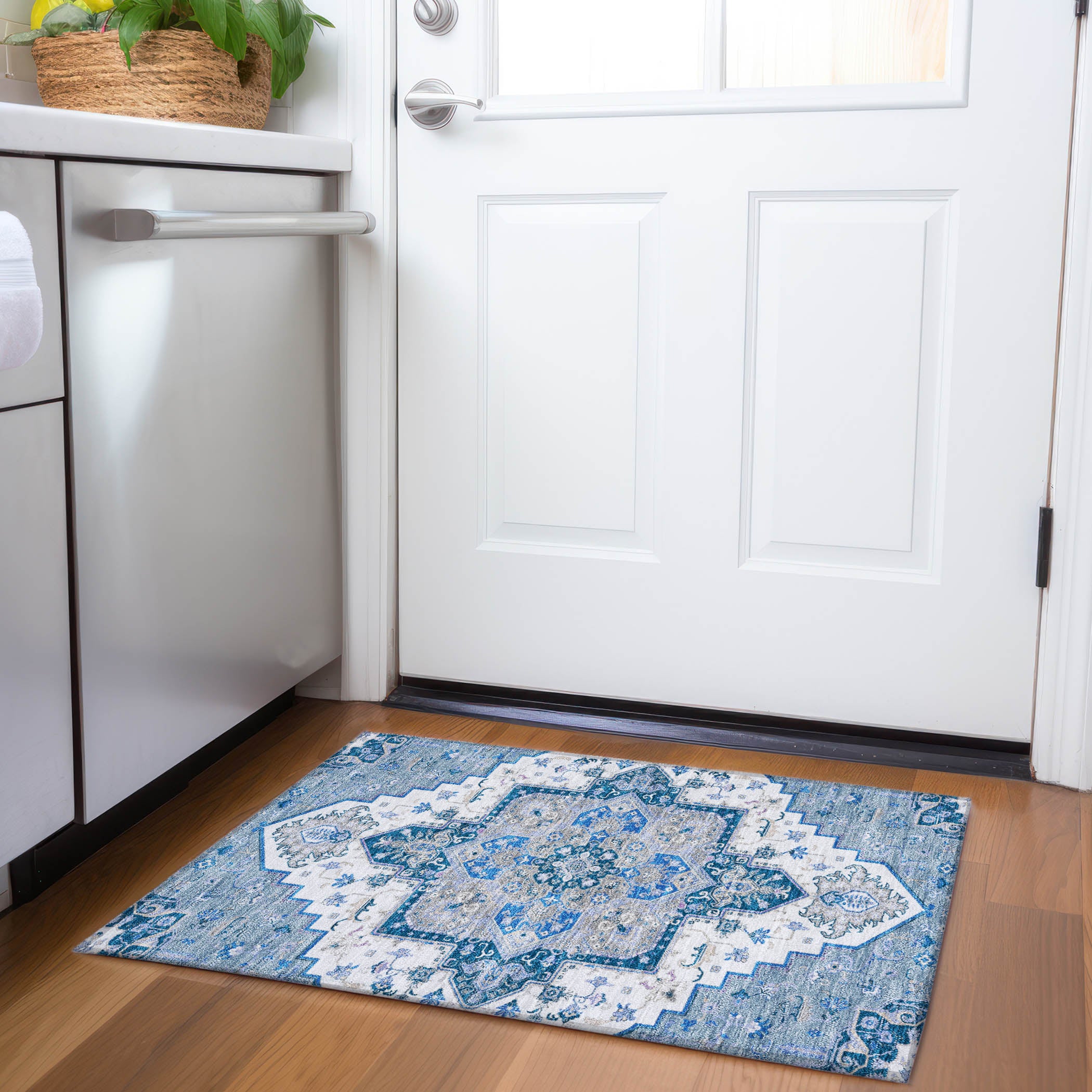 Kathmandu Machine Washable Traditional Blue Rug 1'8" x 2'6" #shape_Rectangle