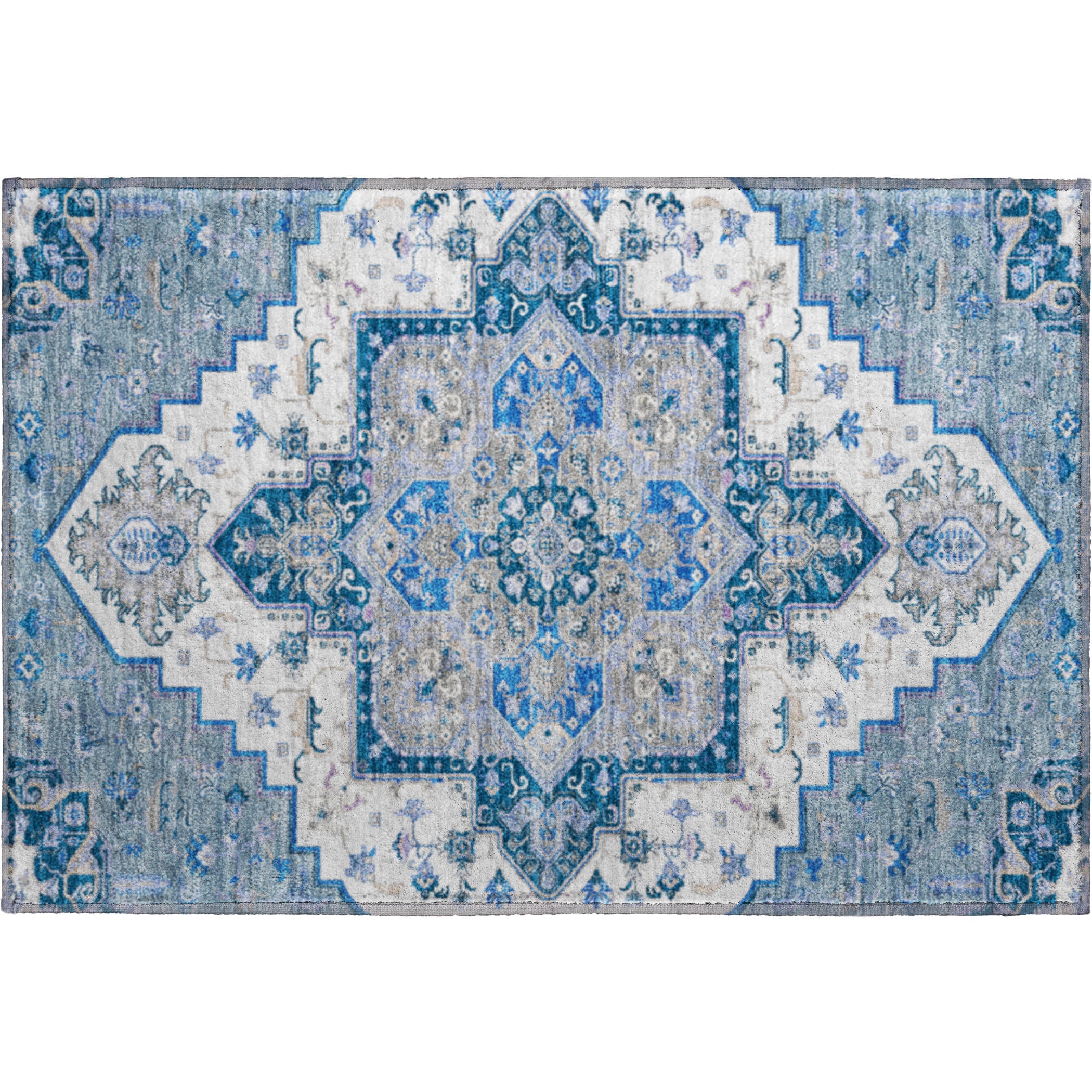 Kathmandu Machine Washable Traditional Blue Rug 1'8" x 2'6" #shape_Rectangle