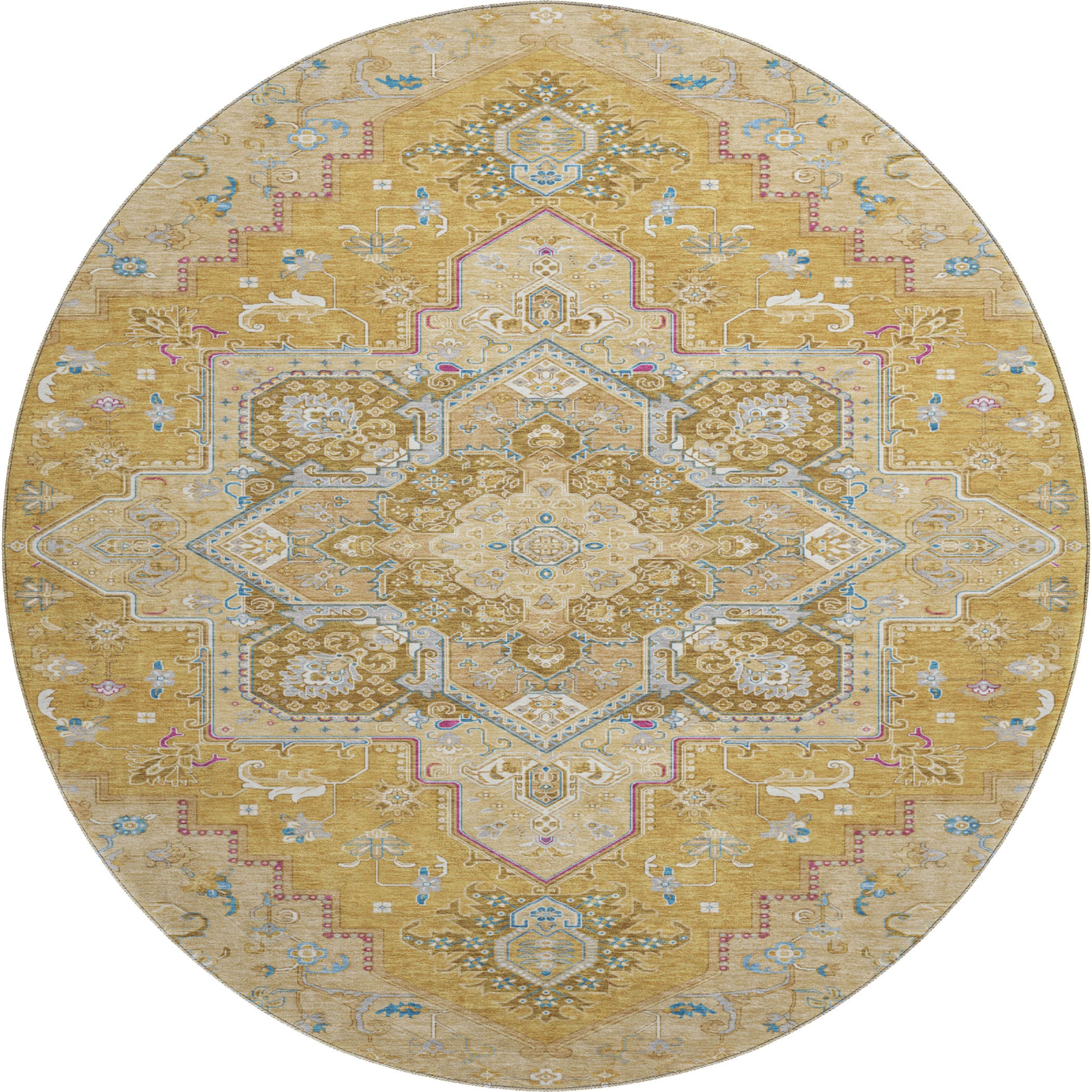 Kathmandu Machine Washable Traditional Gold Rug 8' x 8' #shape_Round