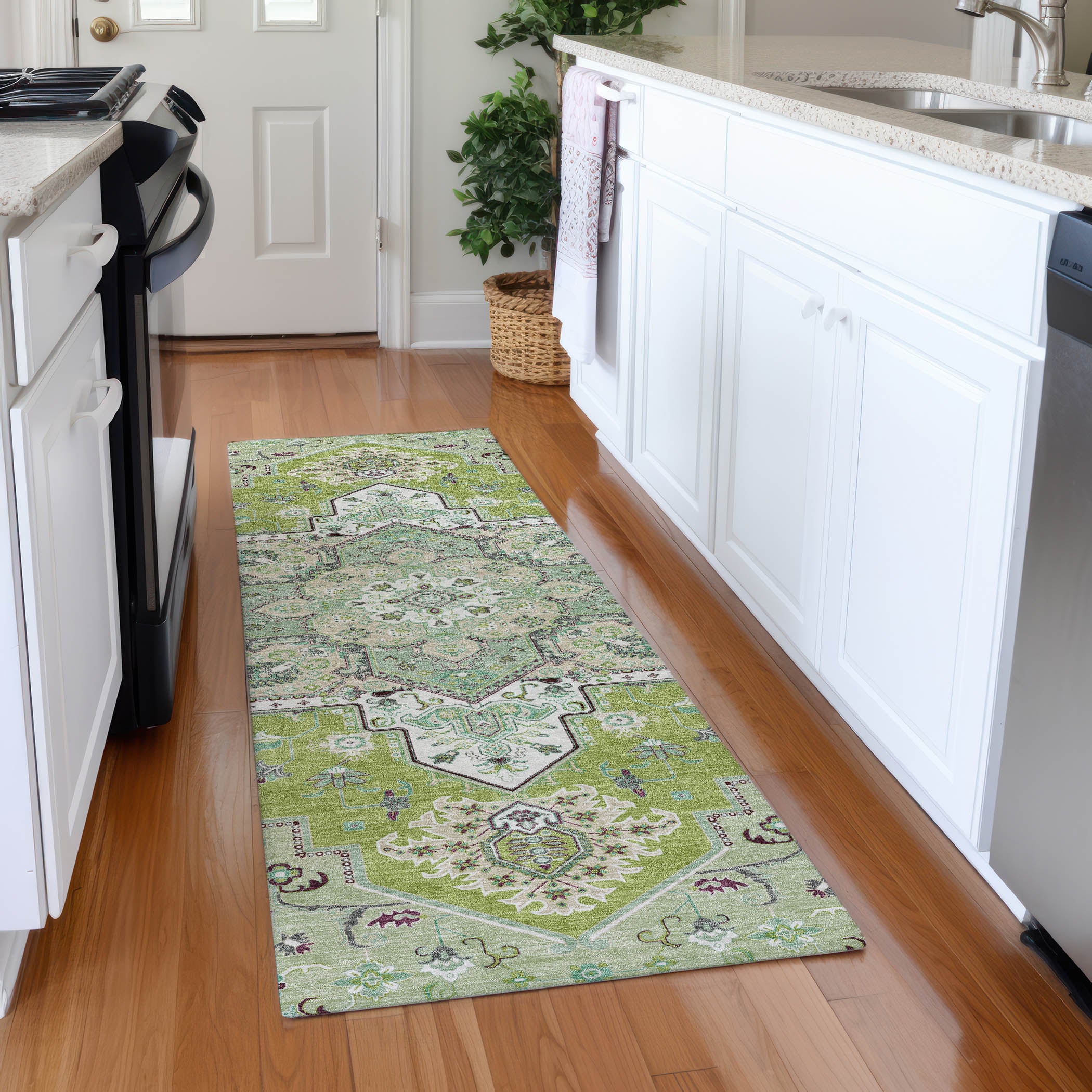 Kathmandu Machine Washable Traditional Green Rug 2'3" x 7'6" #shape_Runner