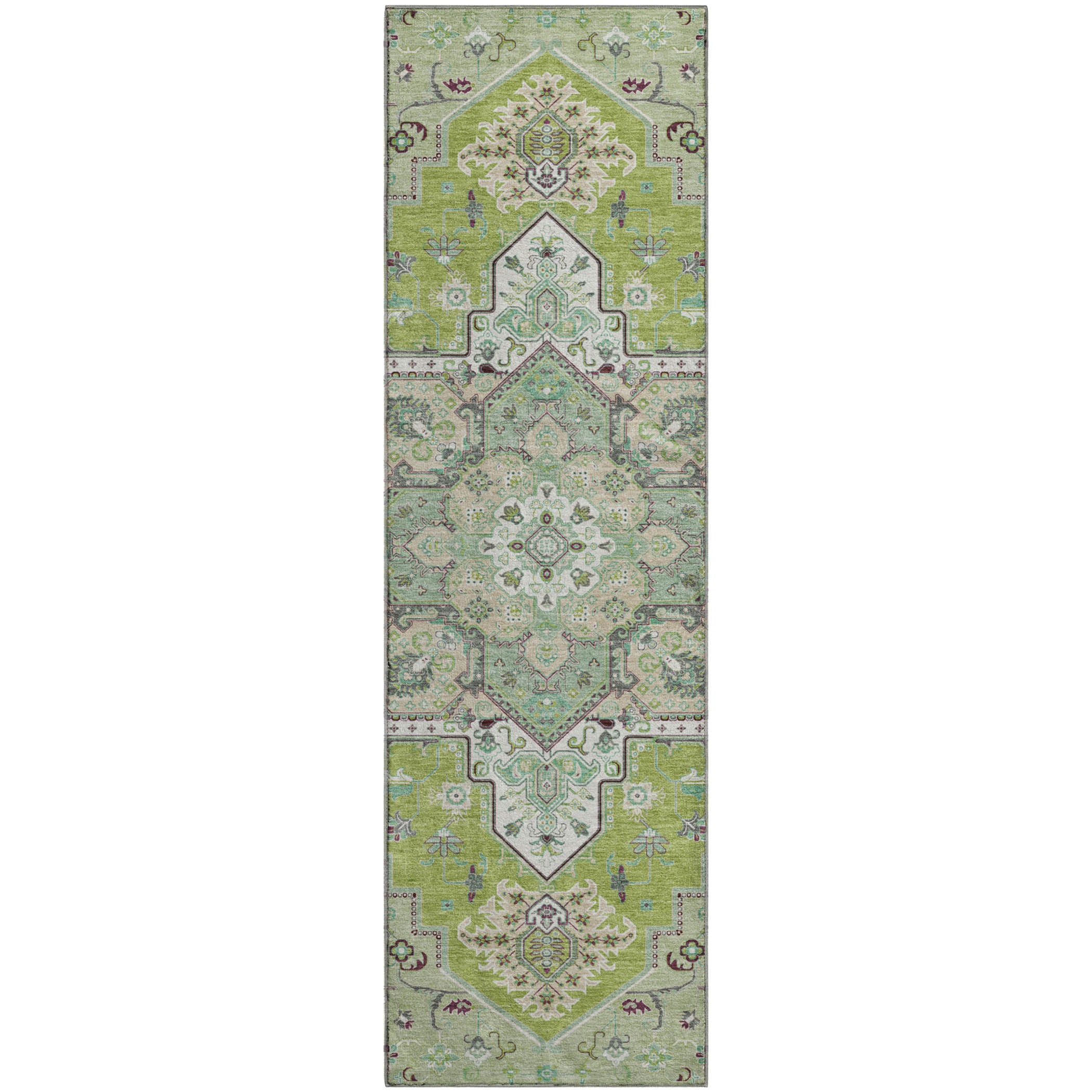 Kathmandu Machine Washable Traditional Green Rug 2'3" x 7'6" #shape_Runner