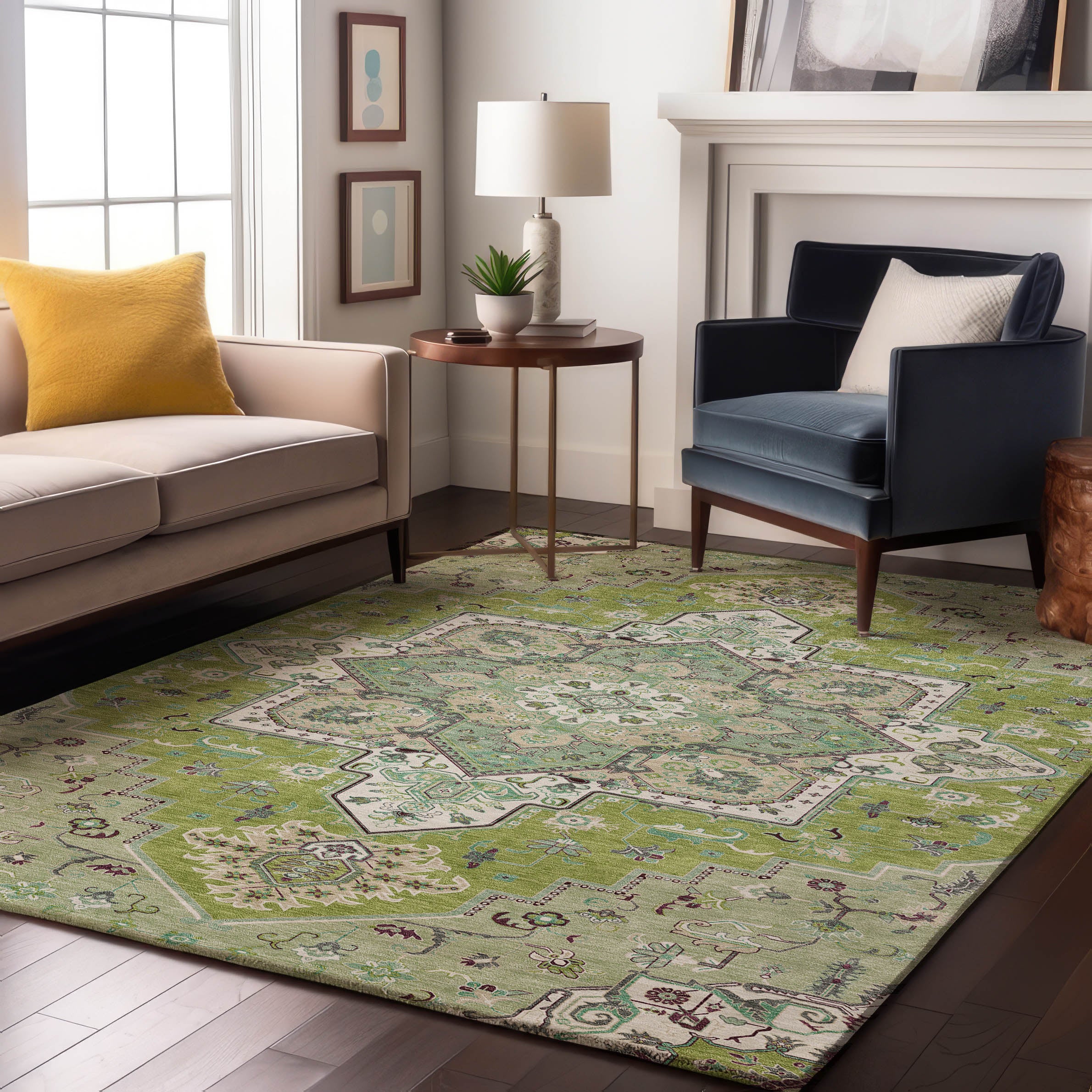 Kathmandu Machine Washable Traditional Green Rug 2'6" x 3'10" #shape_Rectangle