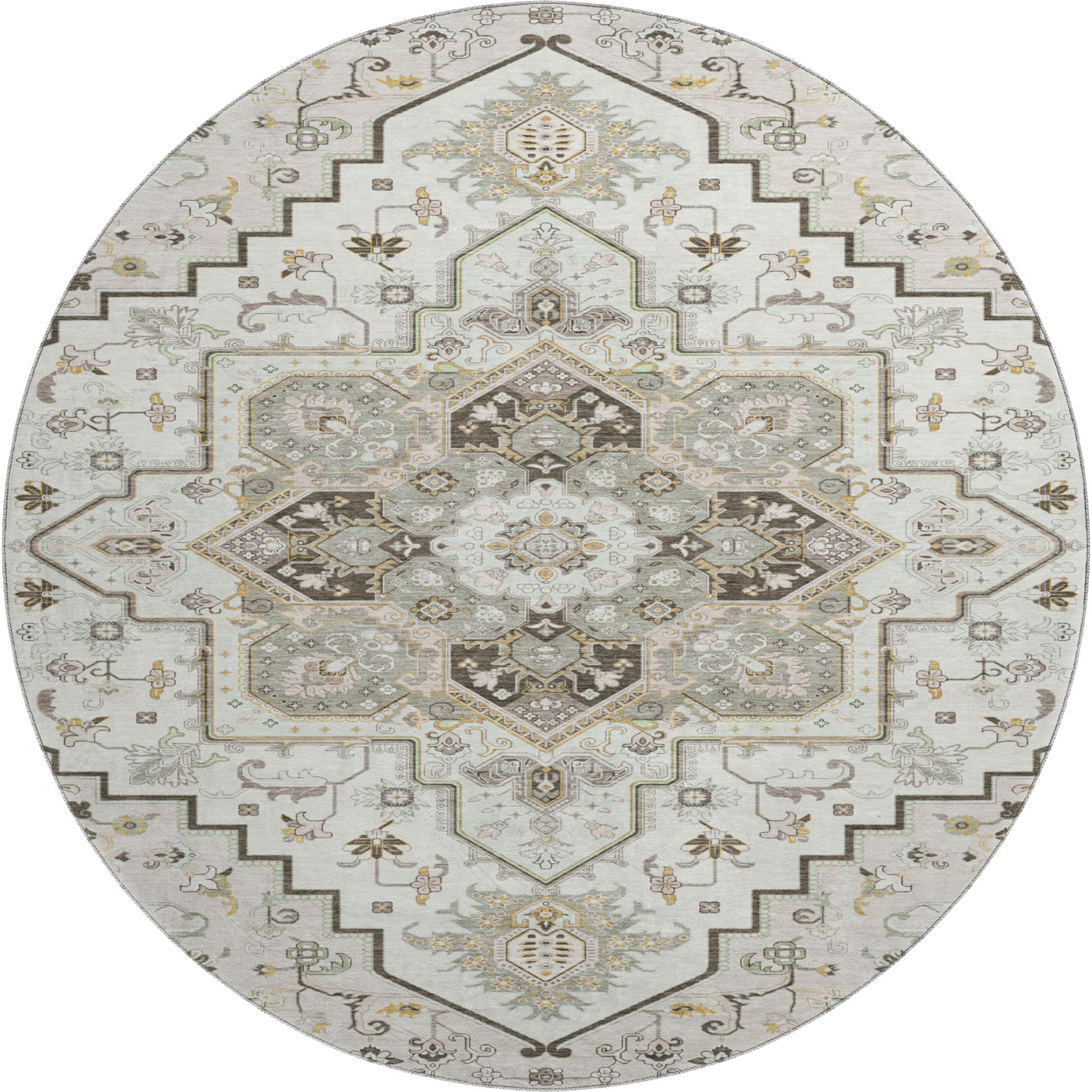 Kathmandu Machine Washable Traditional Ivory Rug 8' x 8' #shape_Round