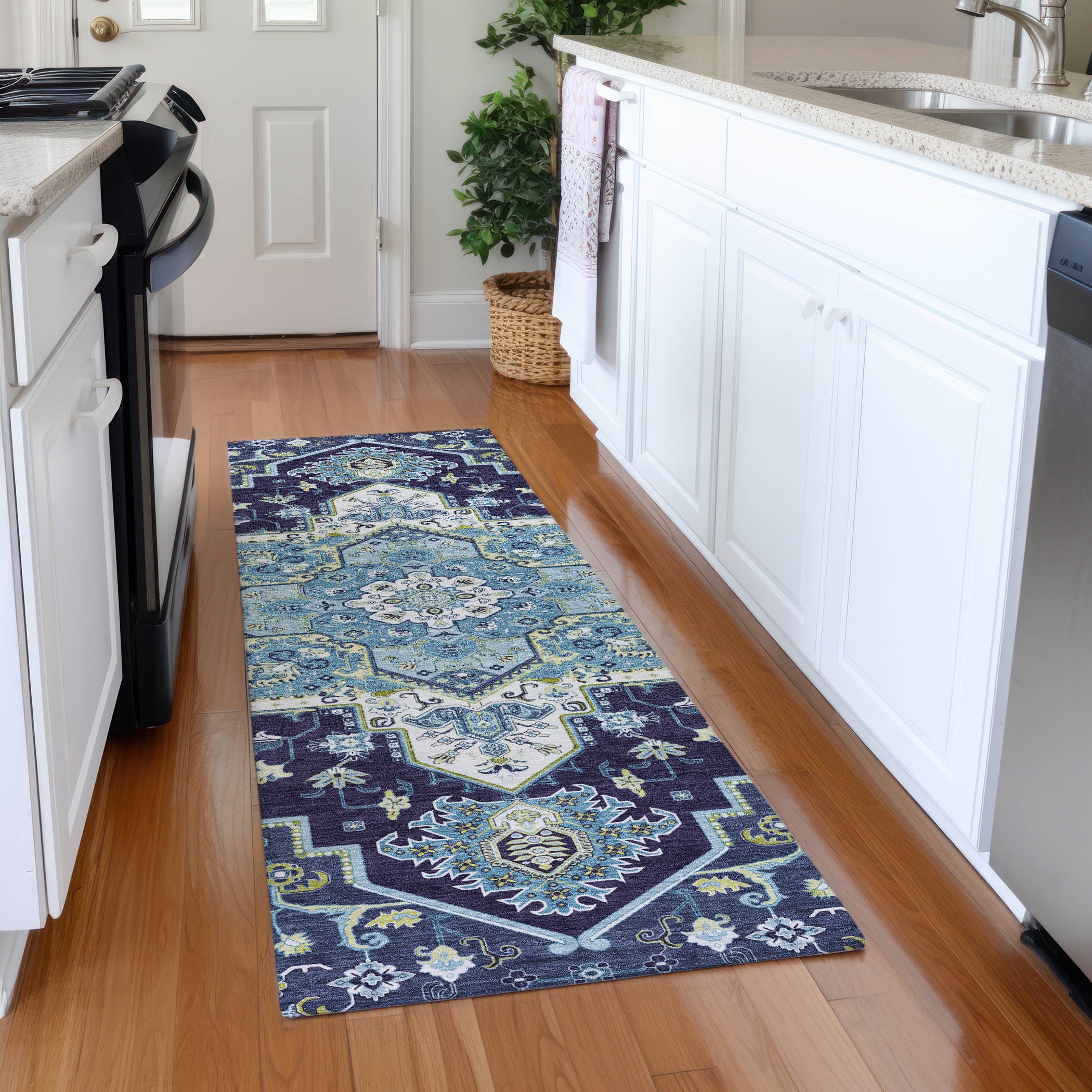 Kathmandu Machine Washable Traditional Navy Blue Rug 2'3" x 7'6" #shape_Runner