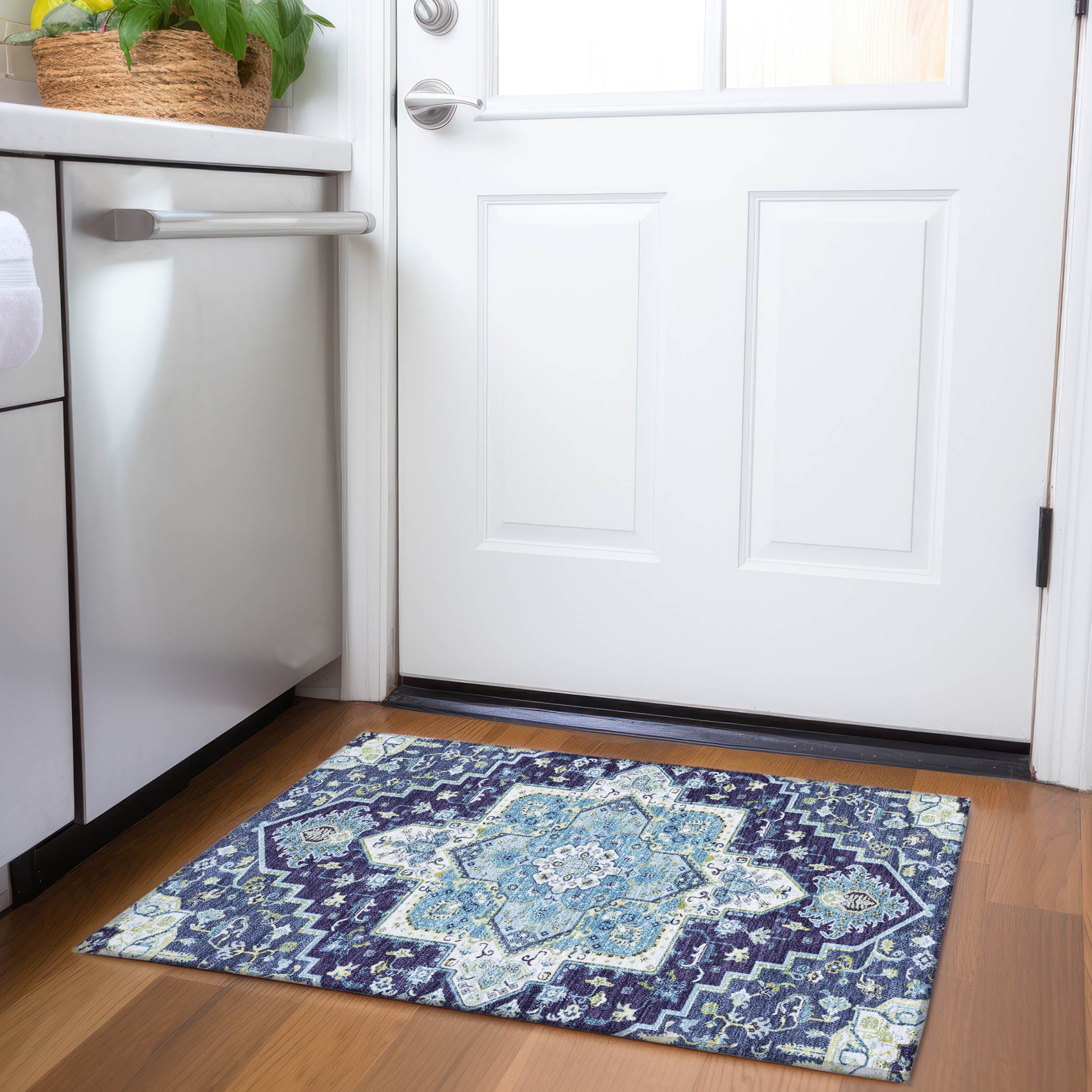 Kathmandu Machine Washable Traditional Navy Blue Rug 1'8" x 2'6" #shape_Rectangle