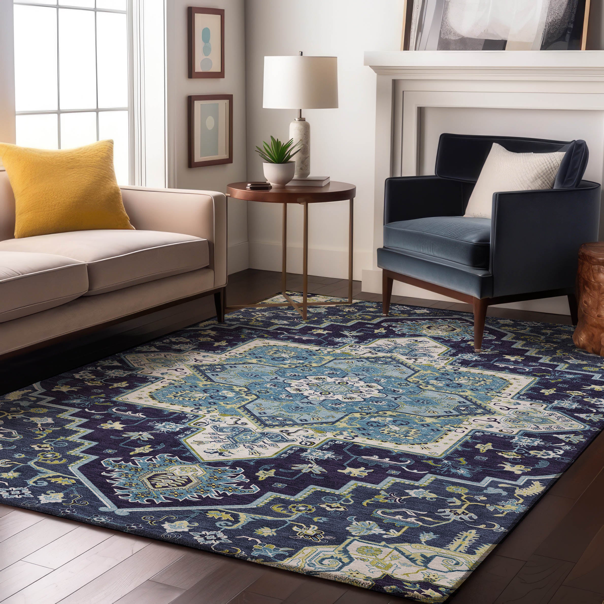 Kathmandu Machine Washable Traditional Navy Blue Rug 2'6" x 3'10" #shape_Rectangle