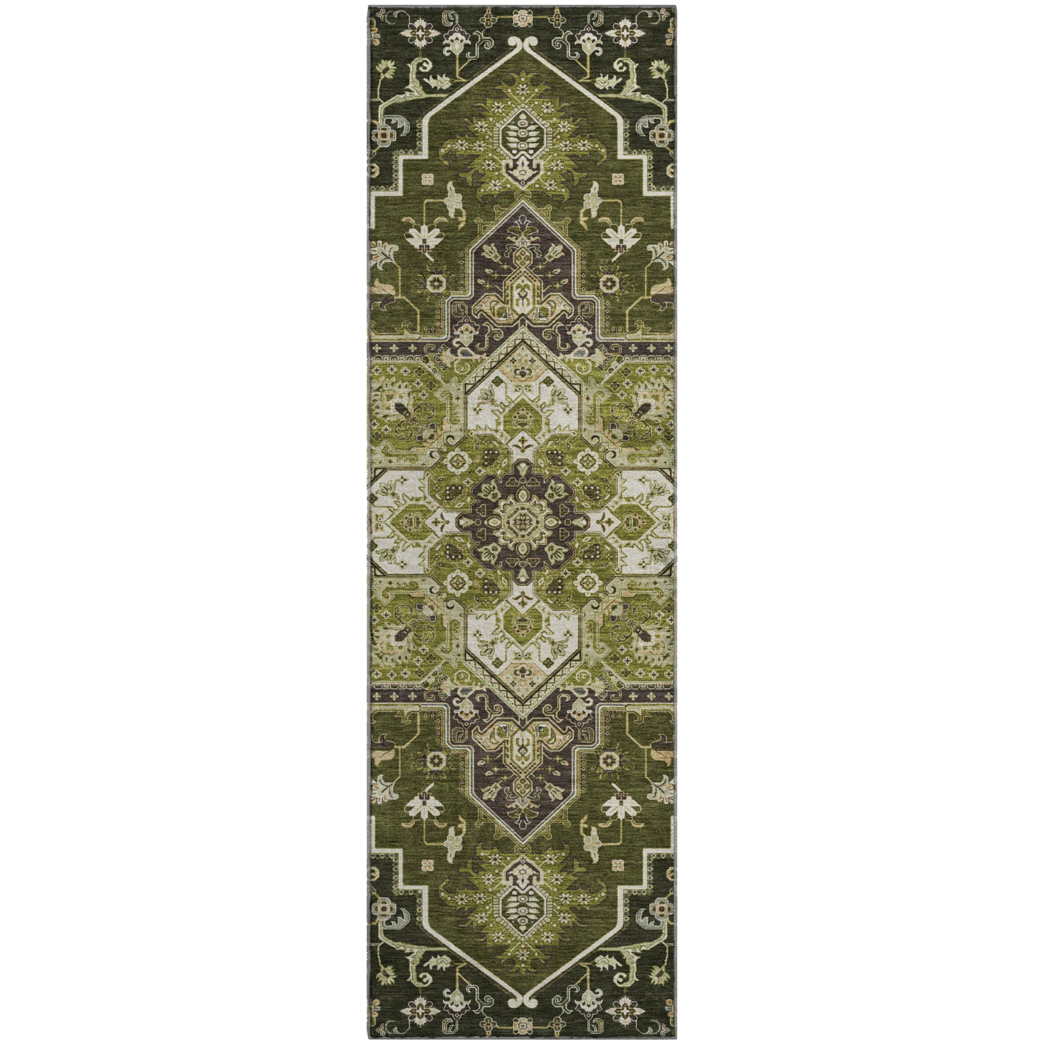 Kathmandu Machine Washable Traditional Olive Green Rug 2'3" x 7'6" #shape_Runner