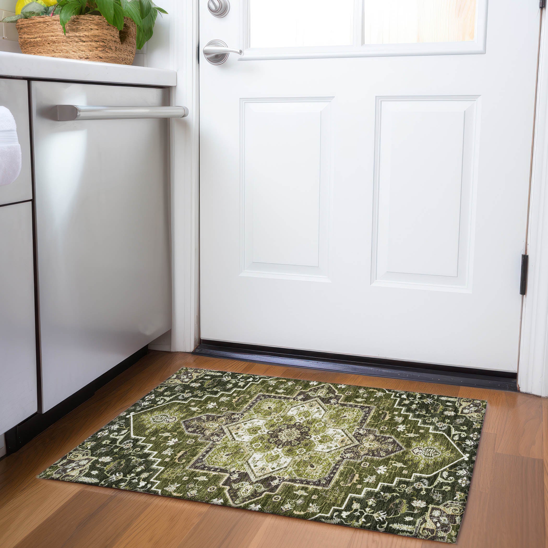 Kathmandu Machine Washable Traditional Olive Green Rug 1'8" x 2'6" #shape_Rectangle