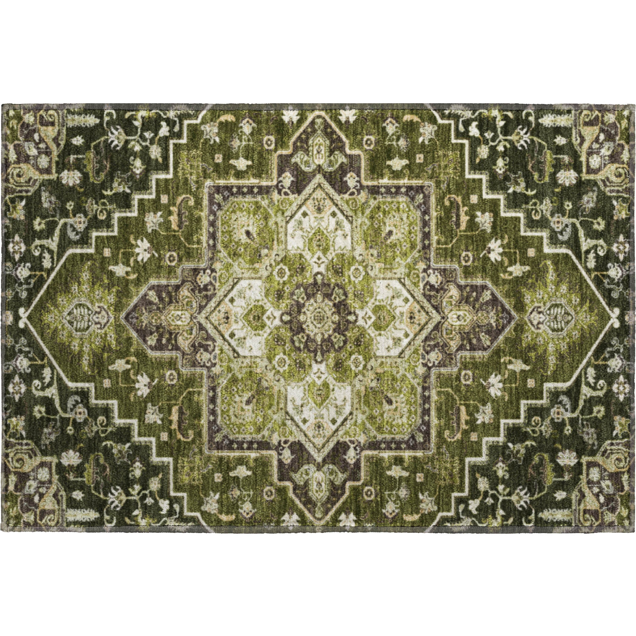 Kathmandu Machine Washable Traditional Olive Green Rug 1'8" x 2'6" #shape_Rectangle