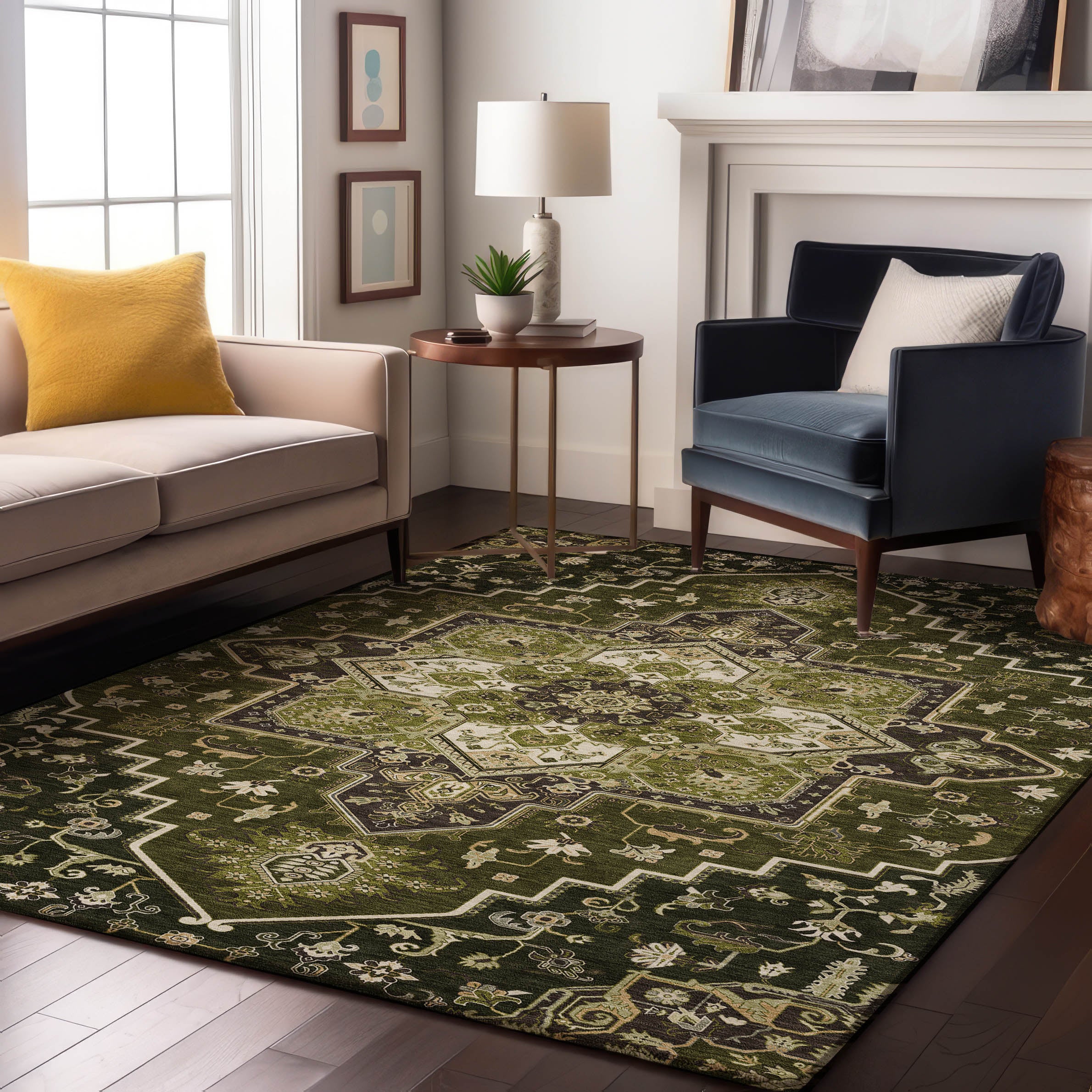 Kathmandu Machine Washable Traditional Olive Green Rug 2'6" x 3'10" #shape_Rectangle