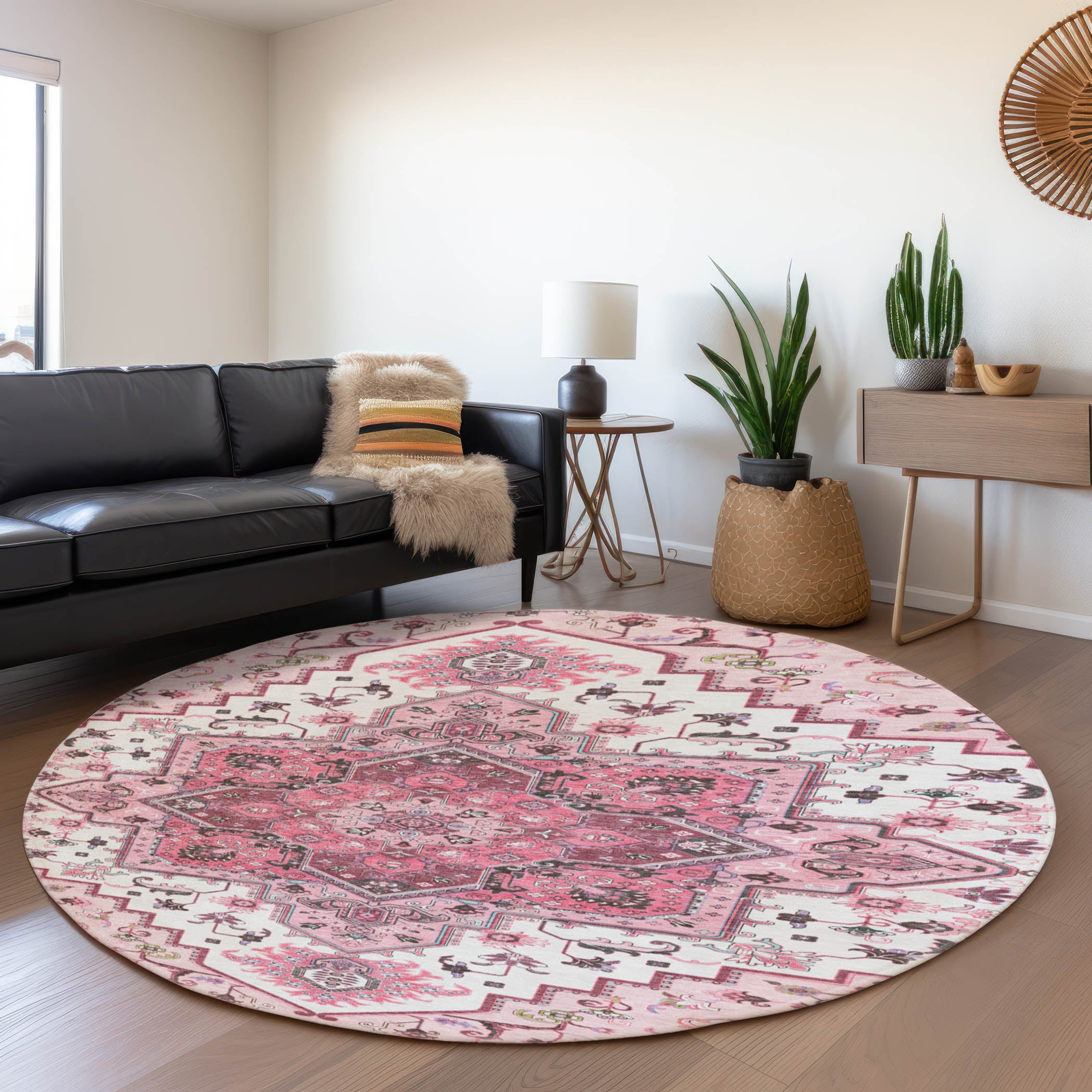 Kathmandu Machine Washable Traditional Pink Rug 8' x 8' #shape_Round