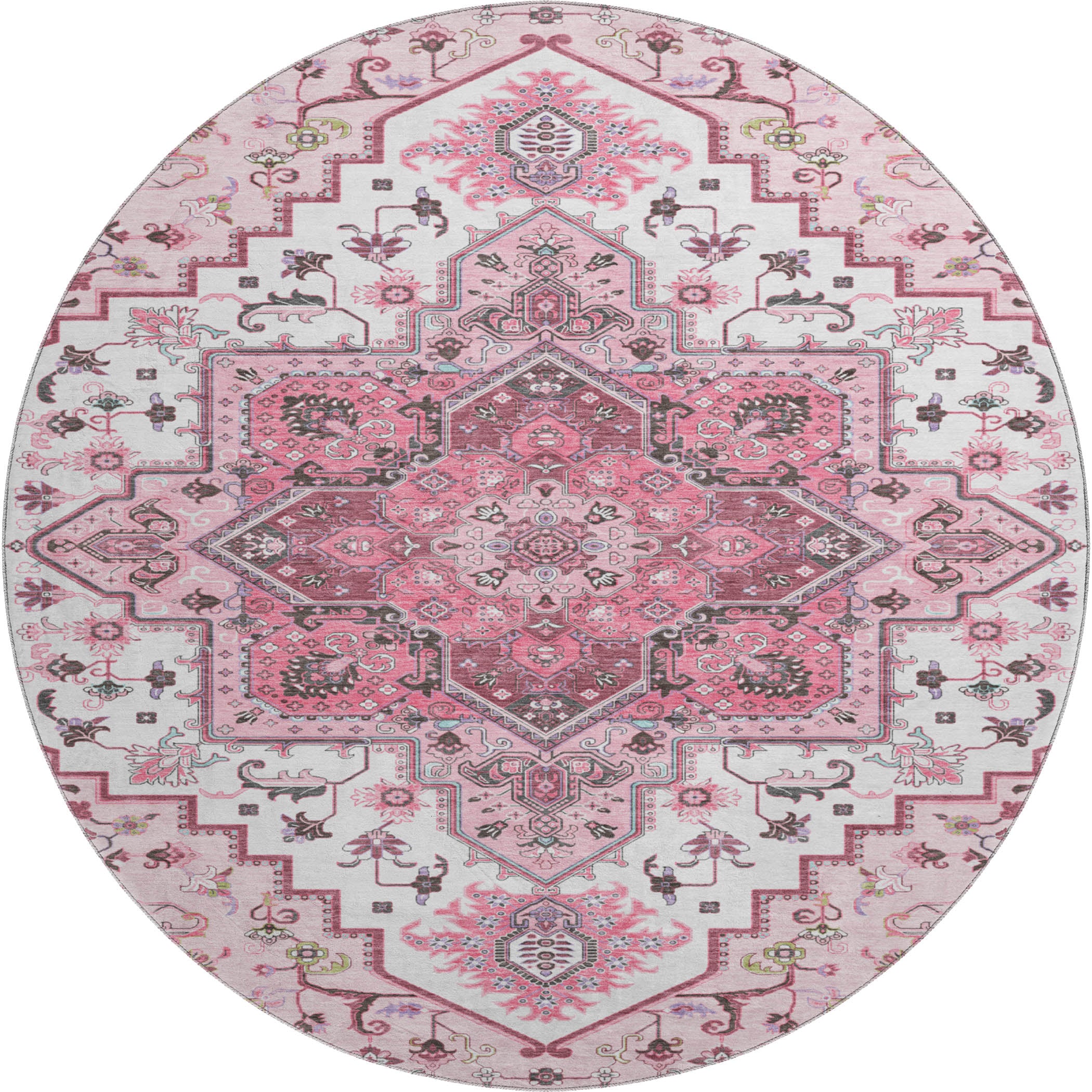 Kathmandu Machine Washable Traditional Pink Rug 8' x 8' #shape_Round