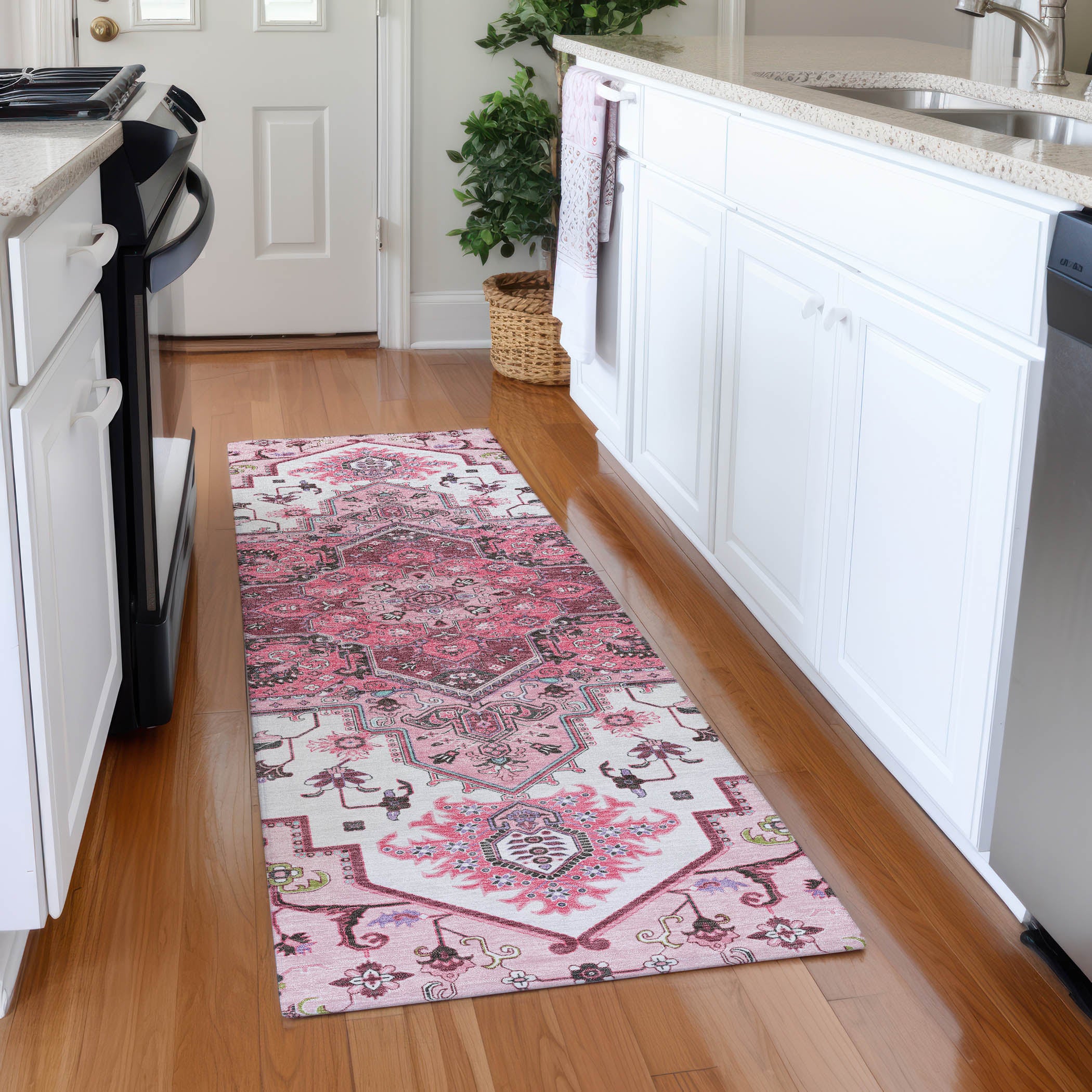 Kathmandu Machine Washable Traditional Pink Rug 2'3" x 7'6" #shape_Runner