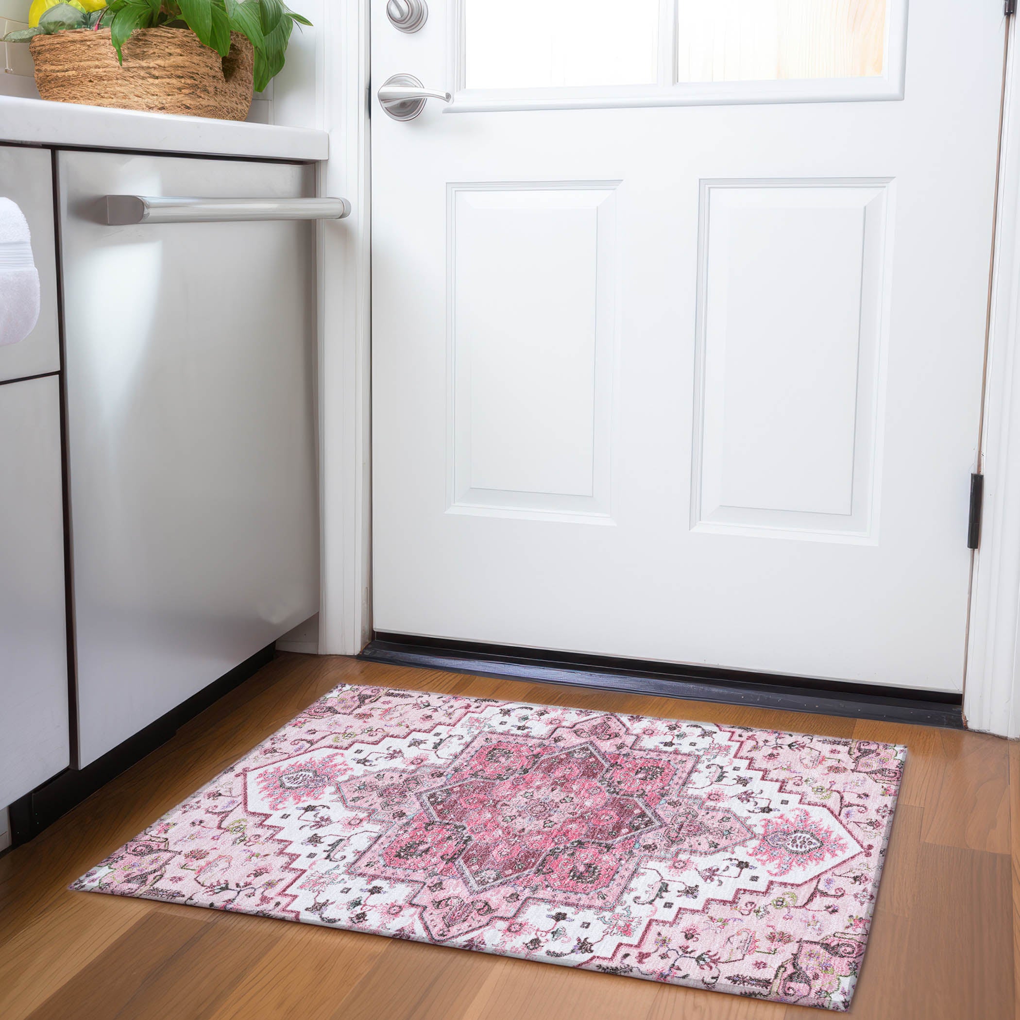 Kathmandu Machine Washable Traditional Pink Rug 1'8" x 2'6" #shape_Rectangle