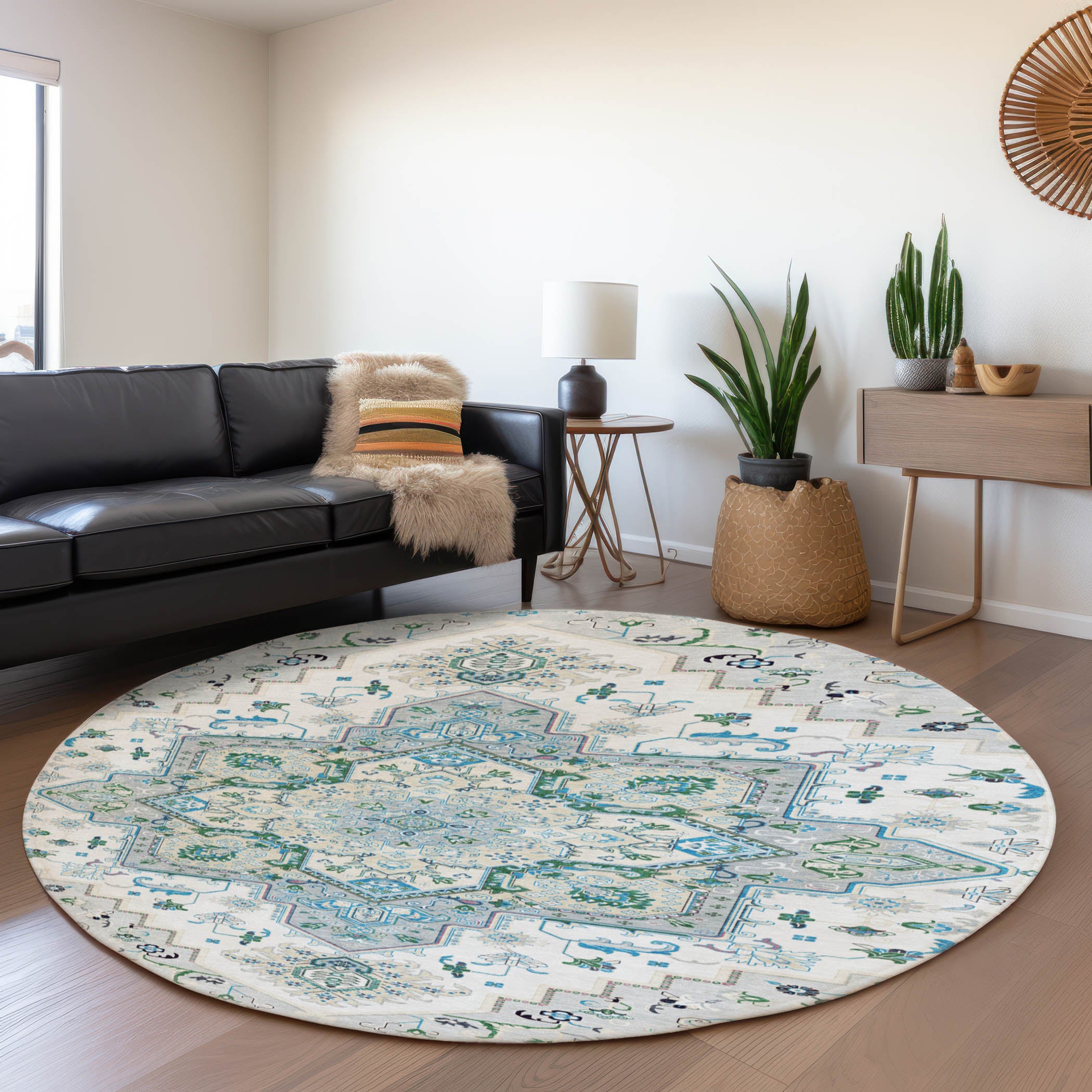 Kathmandu Machine Washable Traditional Silver Gray Rug 8' x 8' #shape_Round