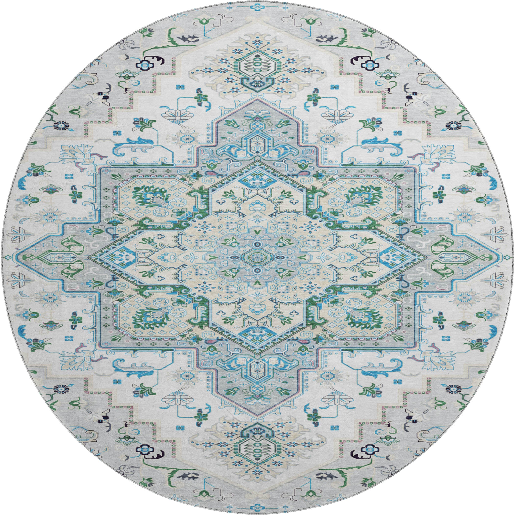 Kathmandu Machine Washable Traditional Silver Gray Rug 8' x 8' #shape_Round