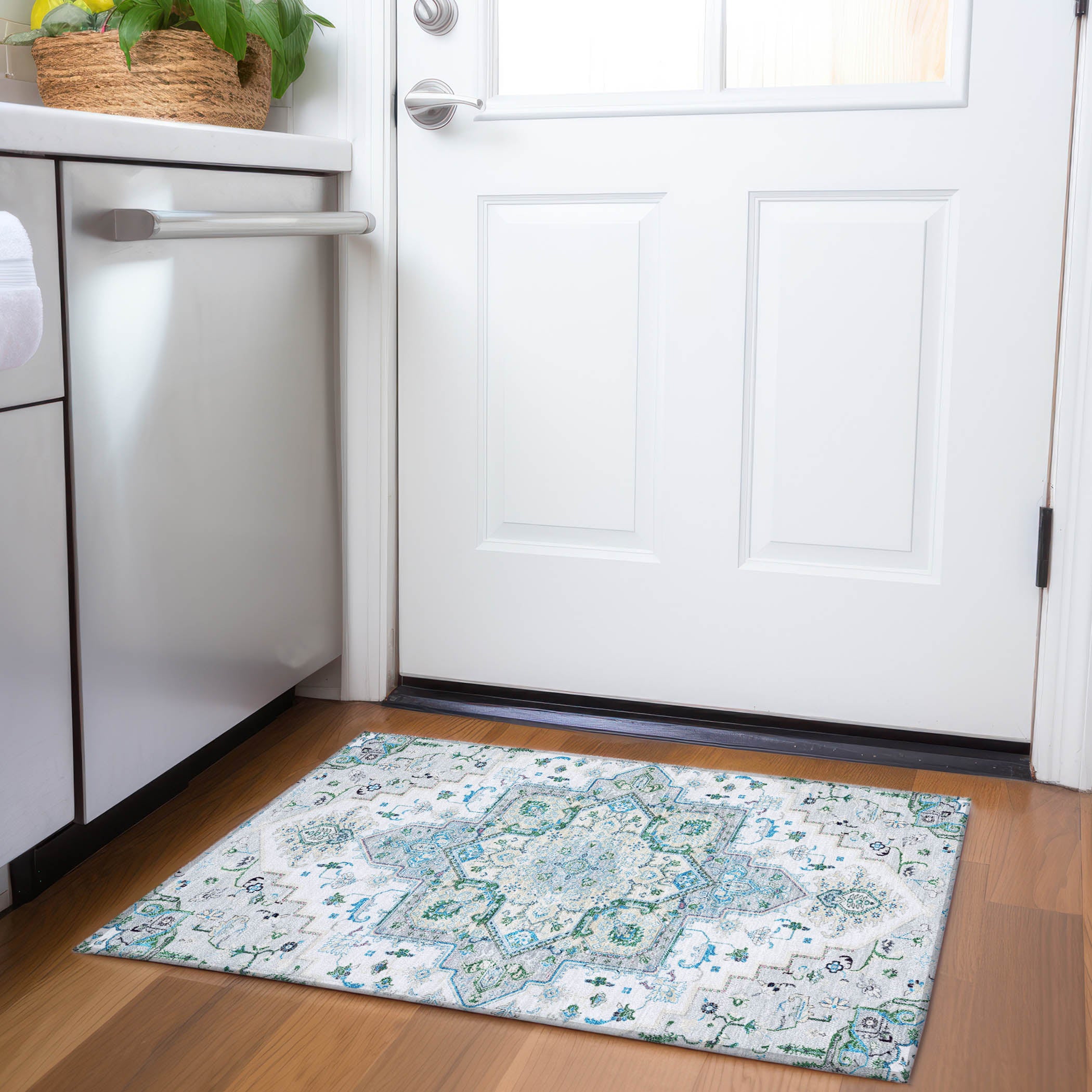 Kathmandu Machine Washable Traditional Silver Gray Rug 1'8" x 2'6" #shape_Rectangle