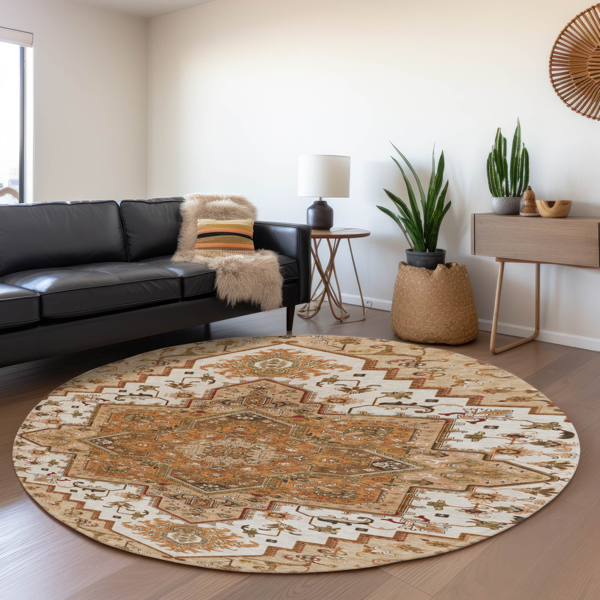 Kathmandu Machine Washable Traditional Terracotta Orange Rug 8' x 8' #shape_Round