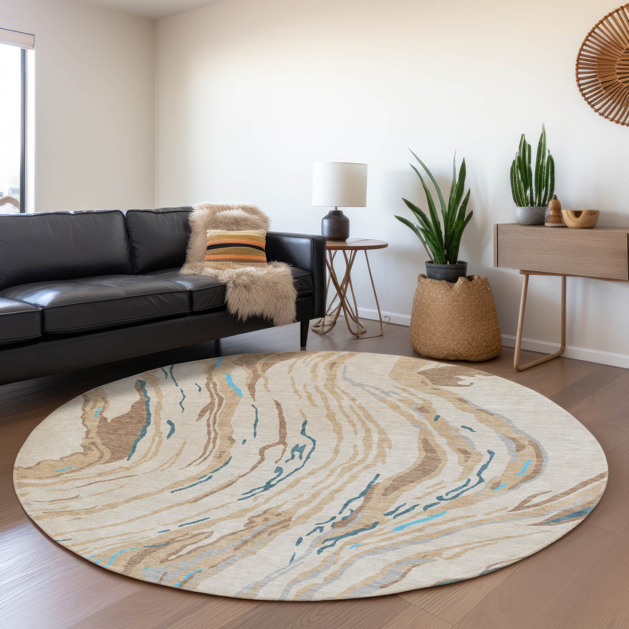 Bogota Machine Washable Transitional Beige Brown Rug 8' x 8' #shape_Round