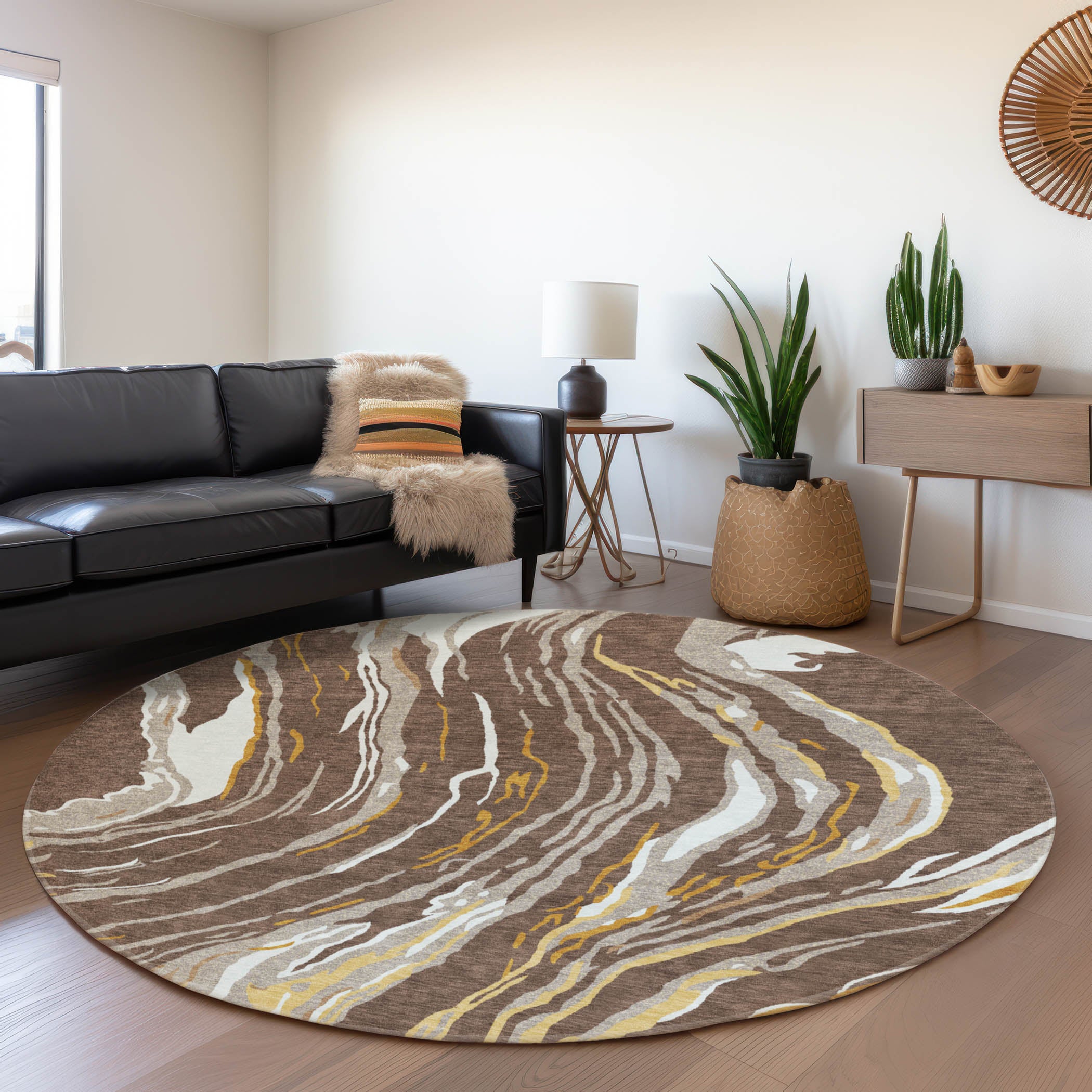 Bogota Machine Washable Transitional Brown Rug 8' x 8' #shape_Round