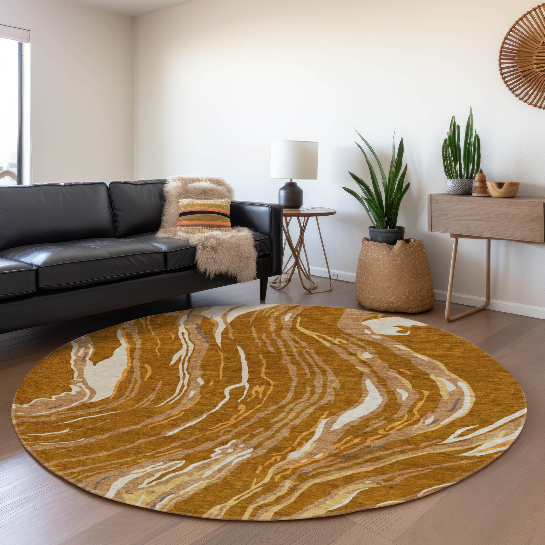 Bogota Machine Washable Transitional Paprika Orange Rug 8' x 8' #shape_Round
