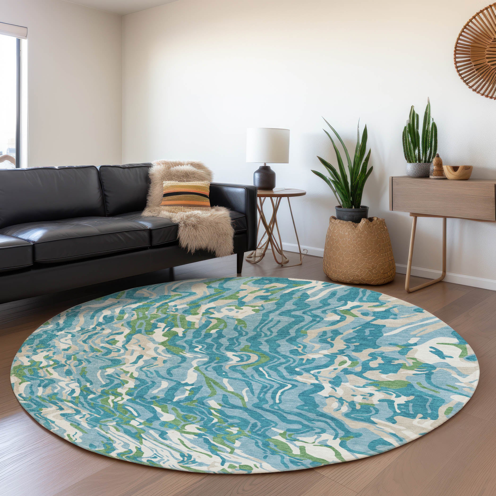 Bruges Machine Washable Transitional Teal Rug 8' x 8' #shape_Round