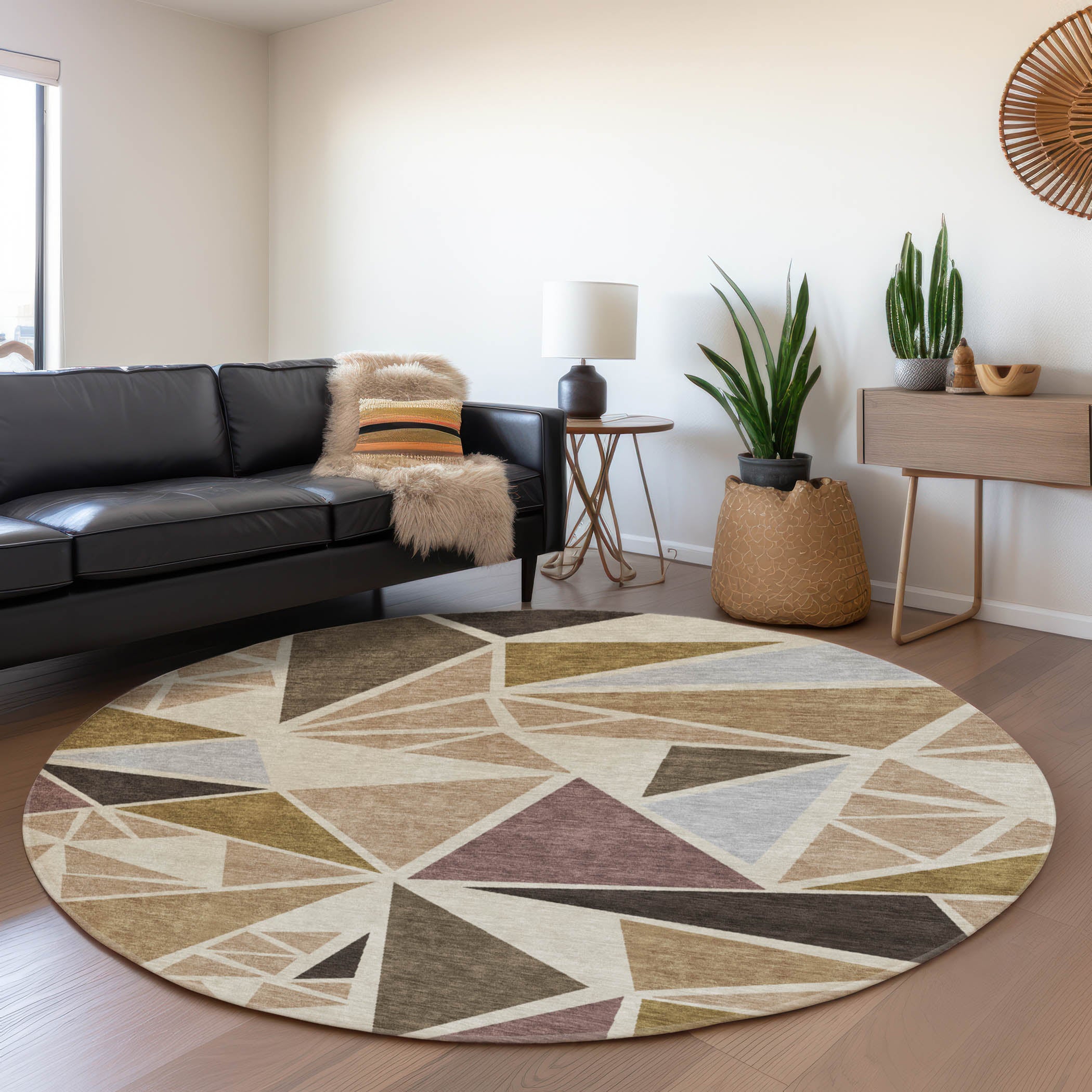 Valletta Machine Washable Transitional Beige Brown Rug 8' x 8' #shape_Round