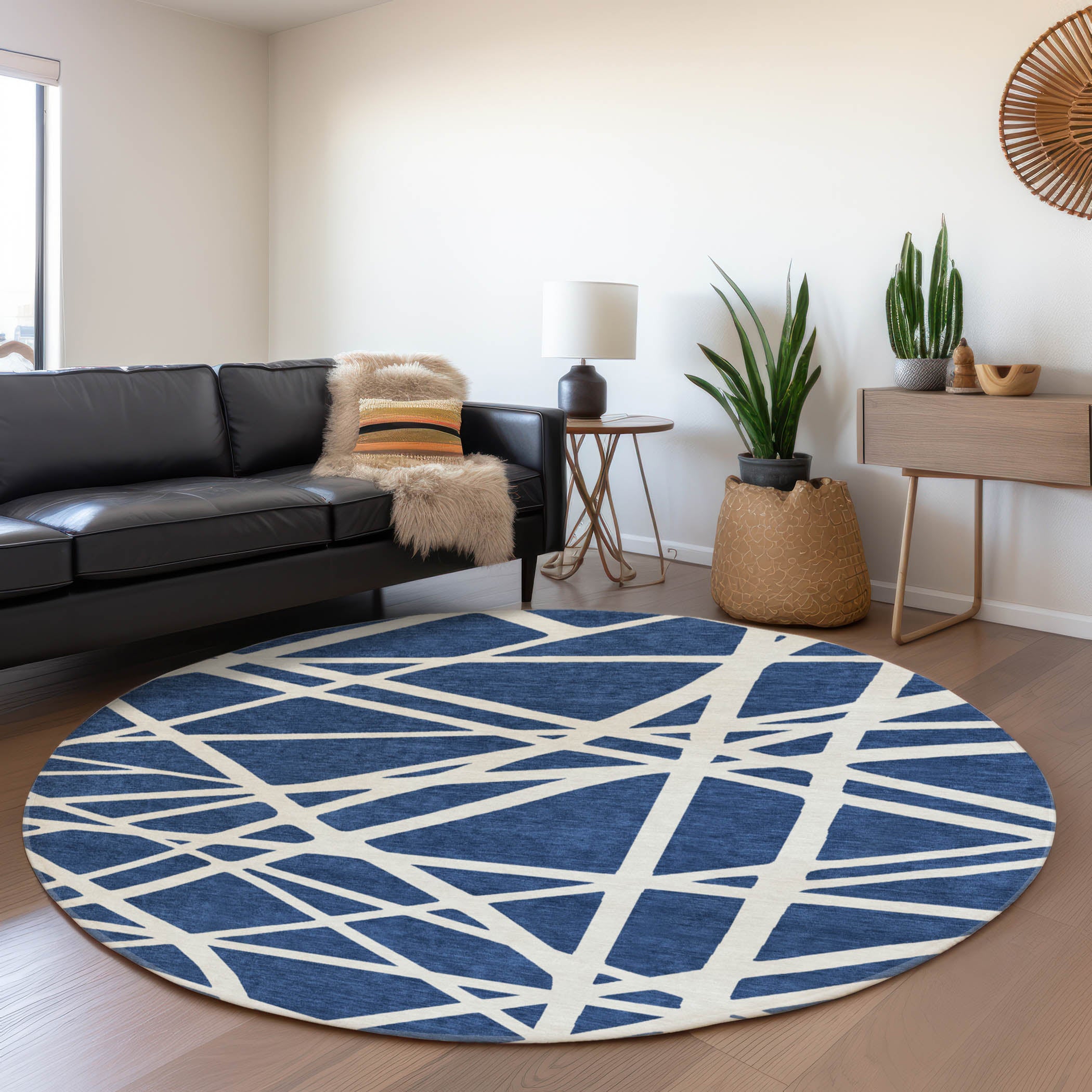 Bern Machine Washable Transitional Navy Blue Rug 8' x 8' #shape_Round