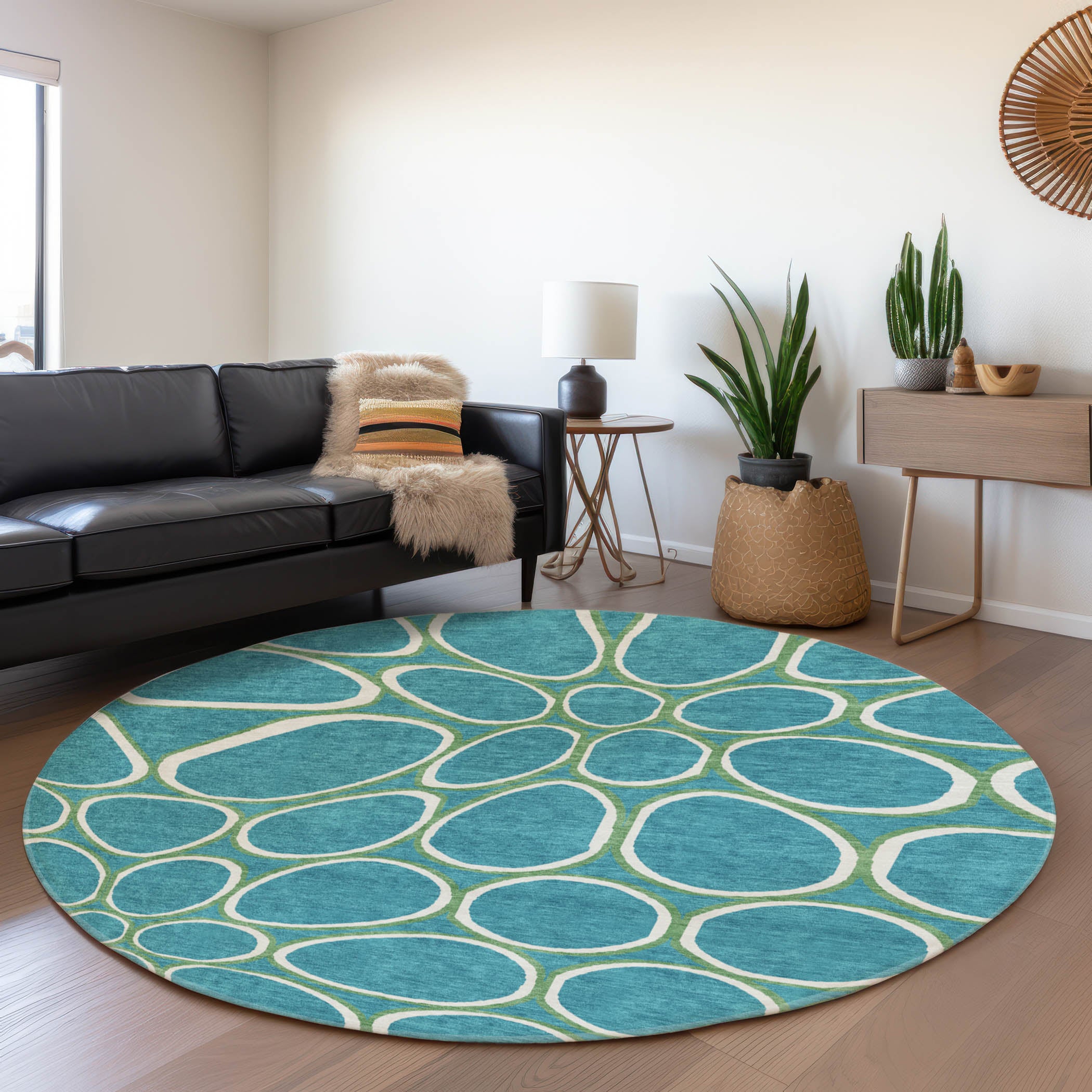 Oslo Machine Washable Transitional Teal Rug 8' x 8' #shape_Round