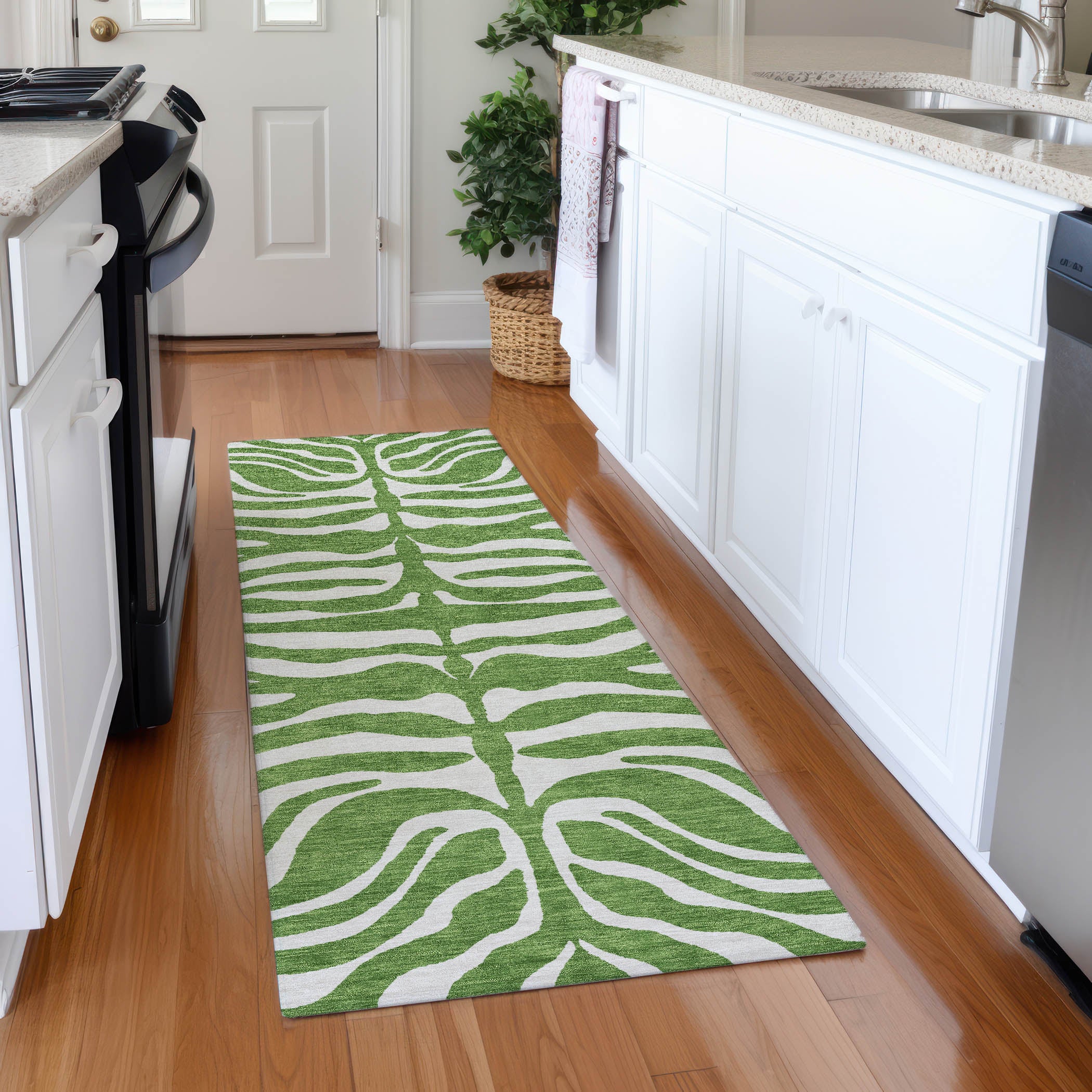 Dubrovnik Machine Washable Transitional Green Rug 2'3" x 7'6" #shape_Runner
