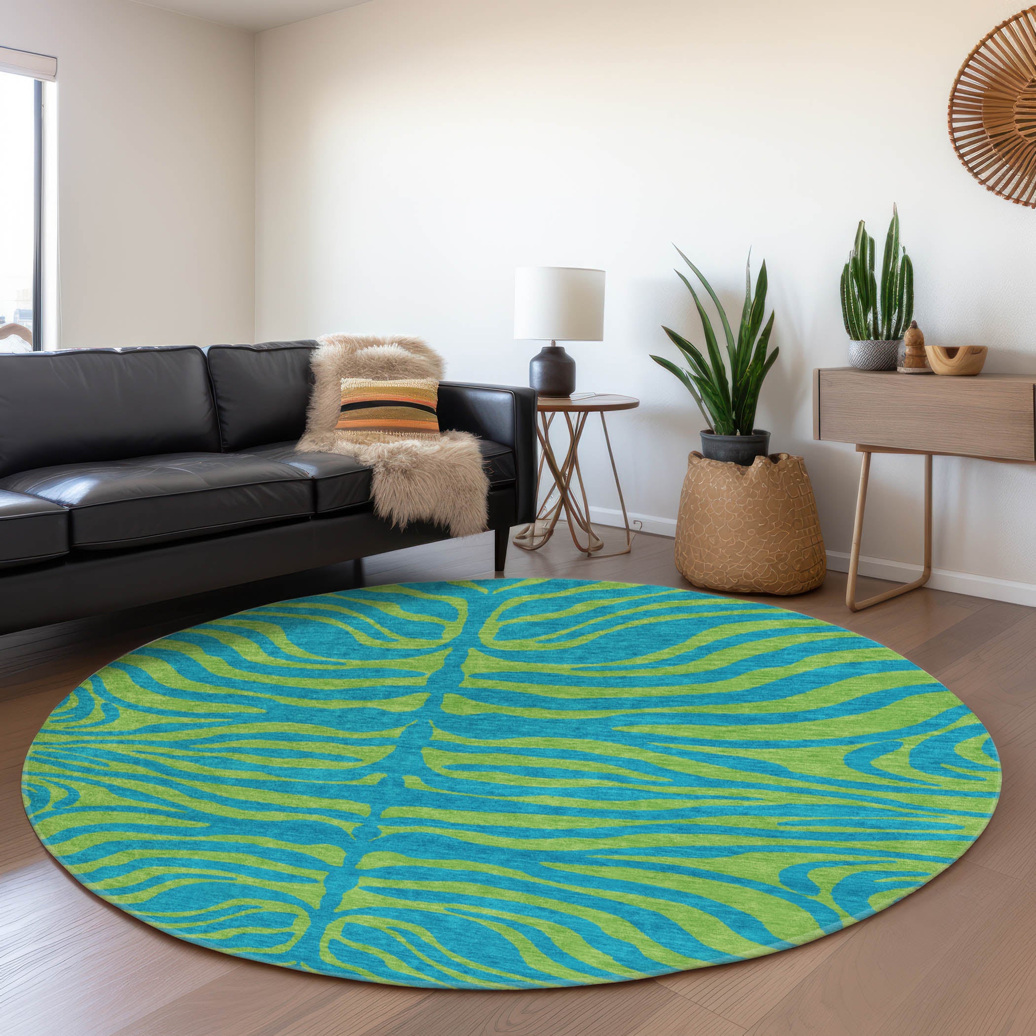 Reykjavik Machine Washable Transitional Teal Rug 8' x 8' #shape_Round