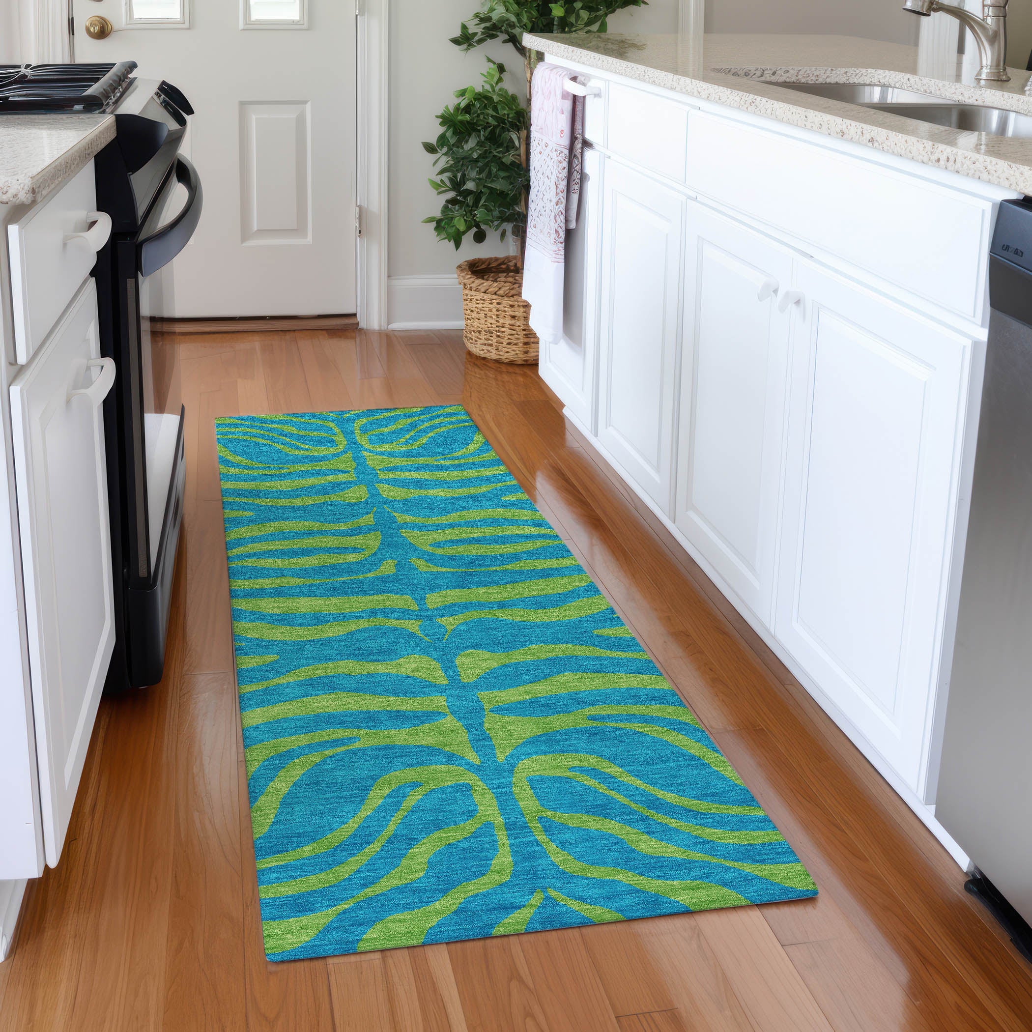 Reykjavik Machine Washable Transitional Teal Rug 2'3" x 7'6" #shape_Runner