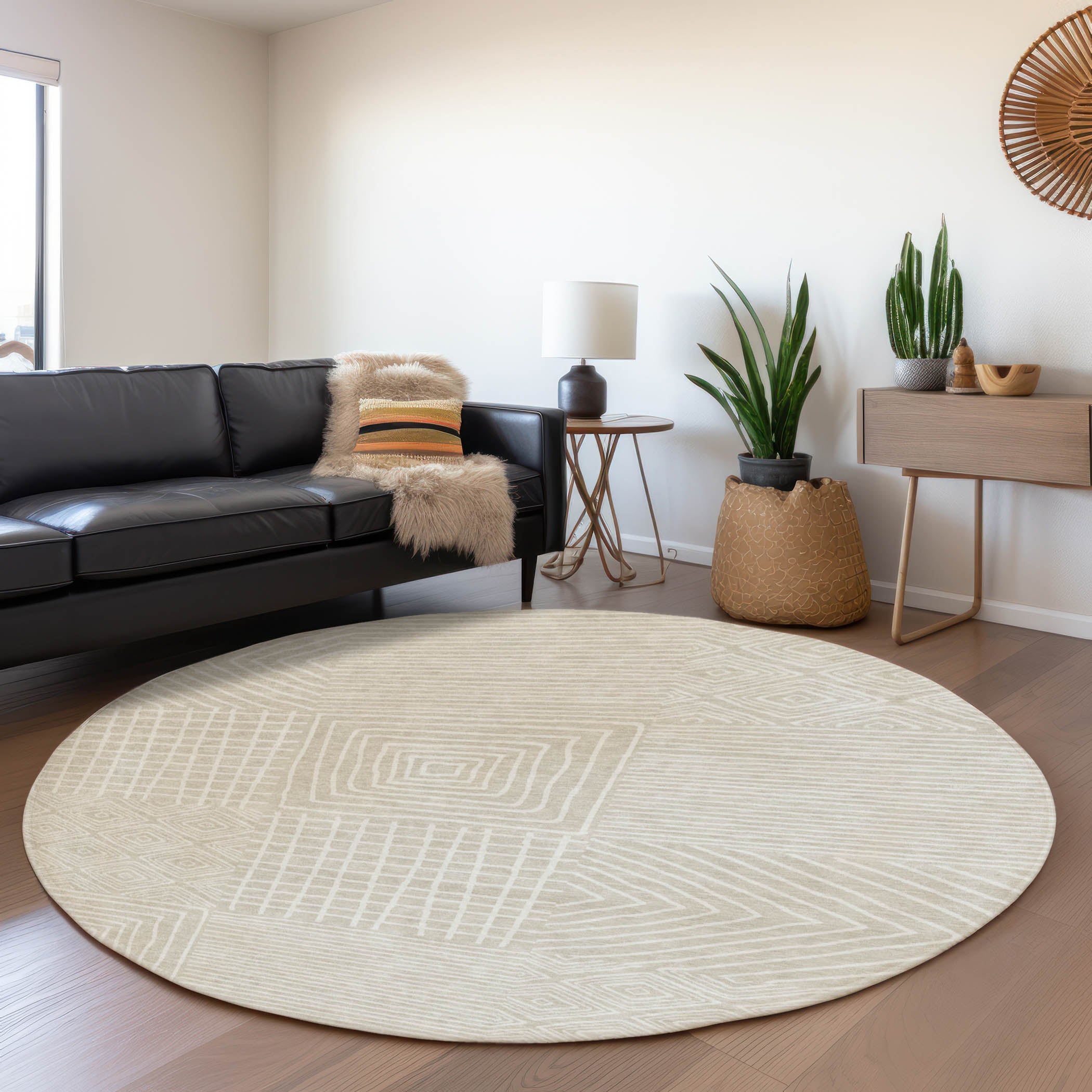Santorini Machine Washable Transitional Beige Brown Rug 8' x 8' #shape_Round