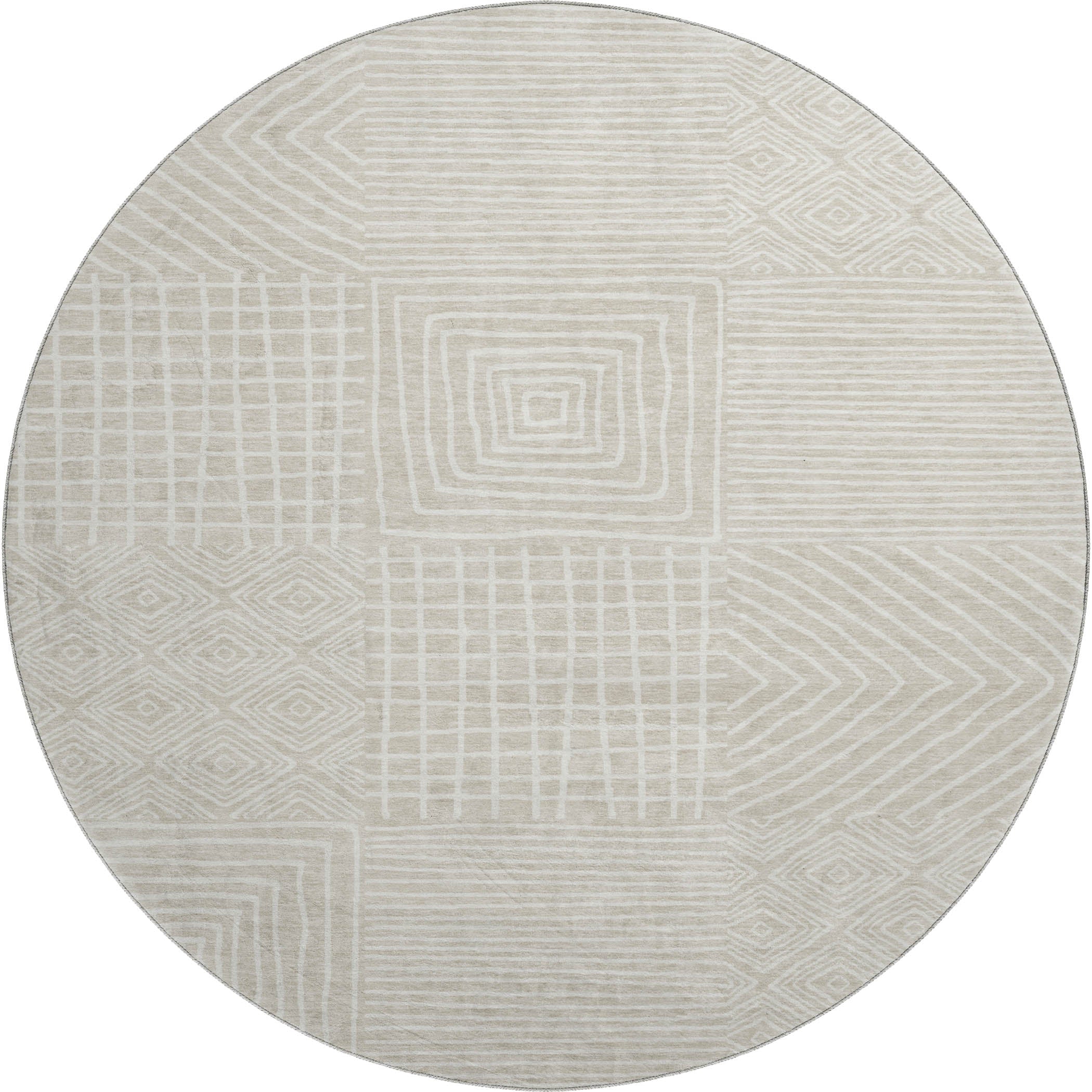 Santorini Machine Washable Transitional Beige Brown Rug 8' x 8' #shape_Round
