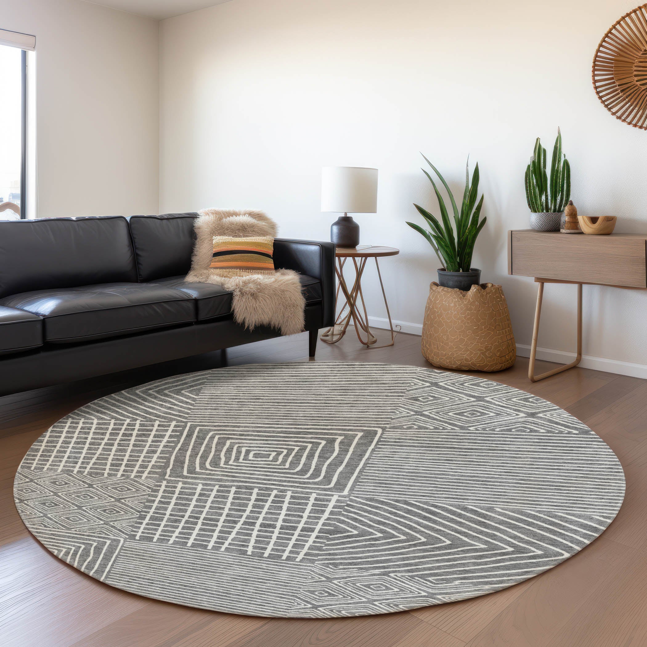Santorini Machine Washable Transitional Charcoal Gray Rug 8' x 8' #shape_Round