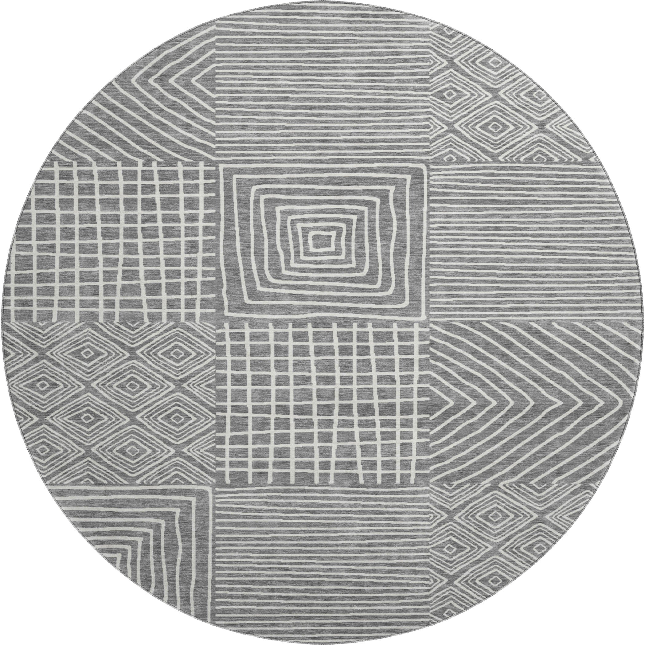 Santorini Machine Washable Transitional Charcoal Gray Rug 8' x 8' #shape_Round