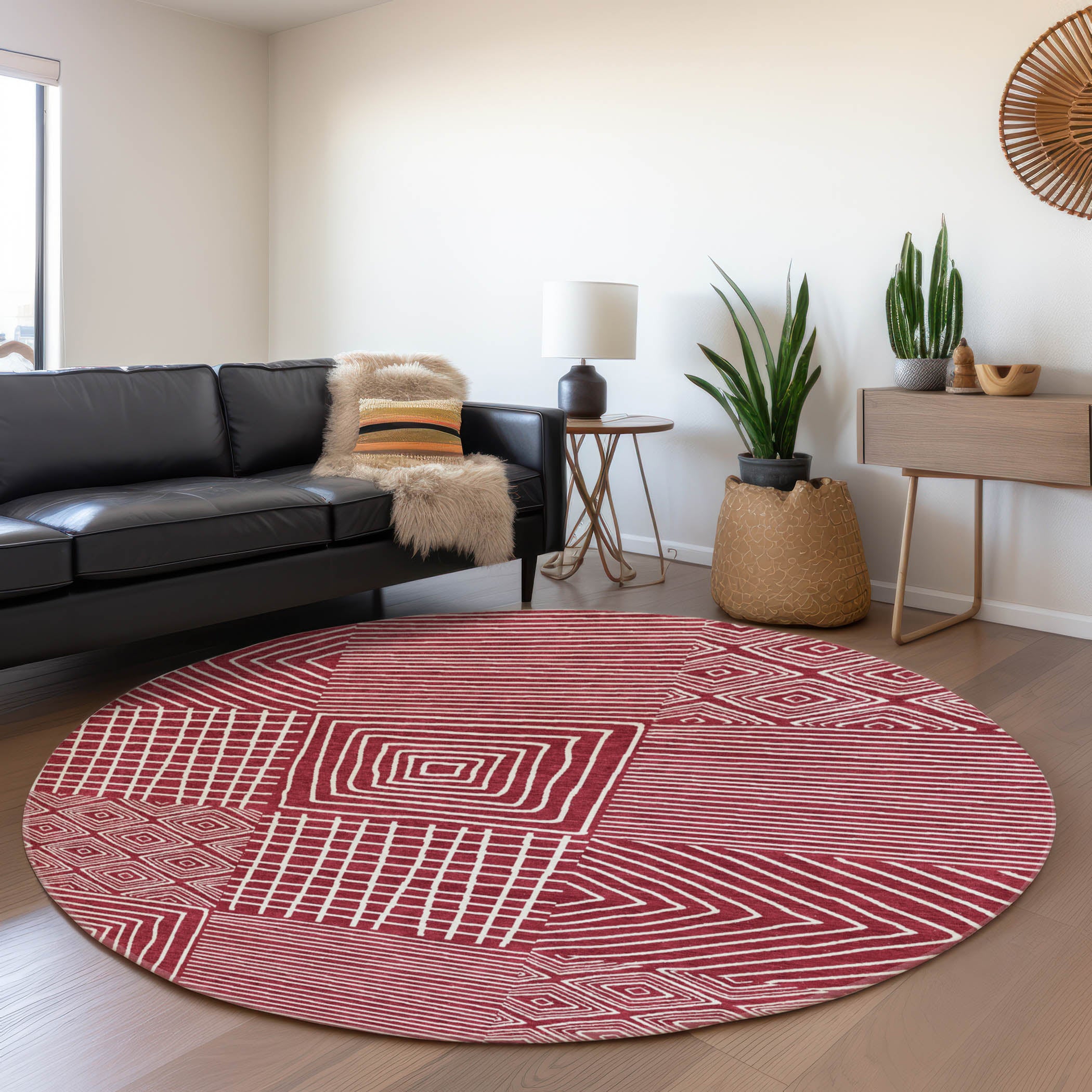 Santorini Machine Washable Transitional Garnet Red Rug 8' x 8' #shape_Round