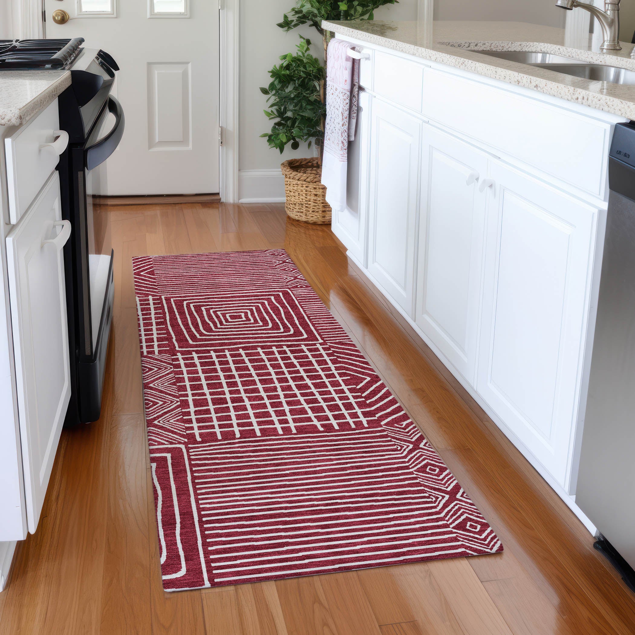 Santorini Machine Washable Transitional Garnet Red Rug 2'3" x 7'6" #shape_Runner