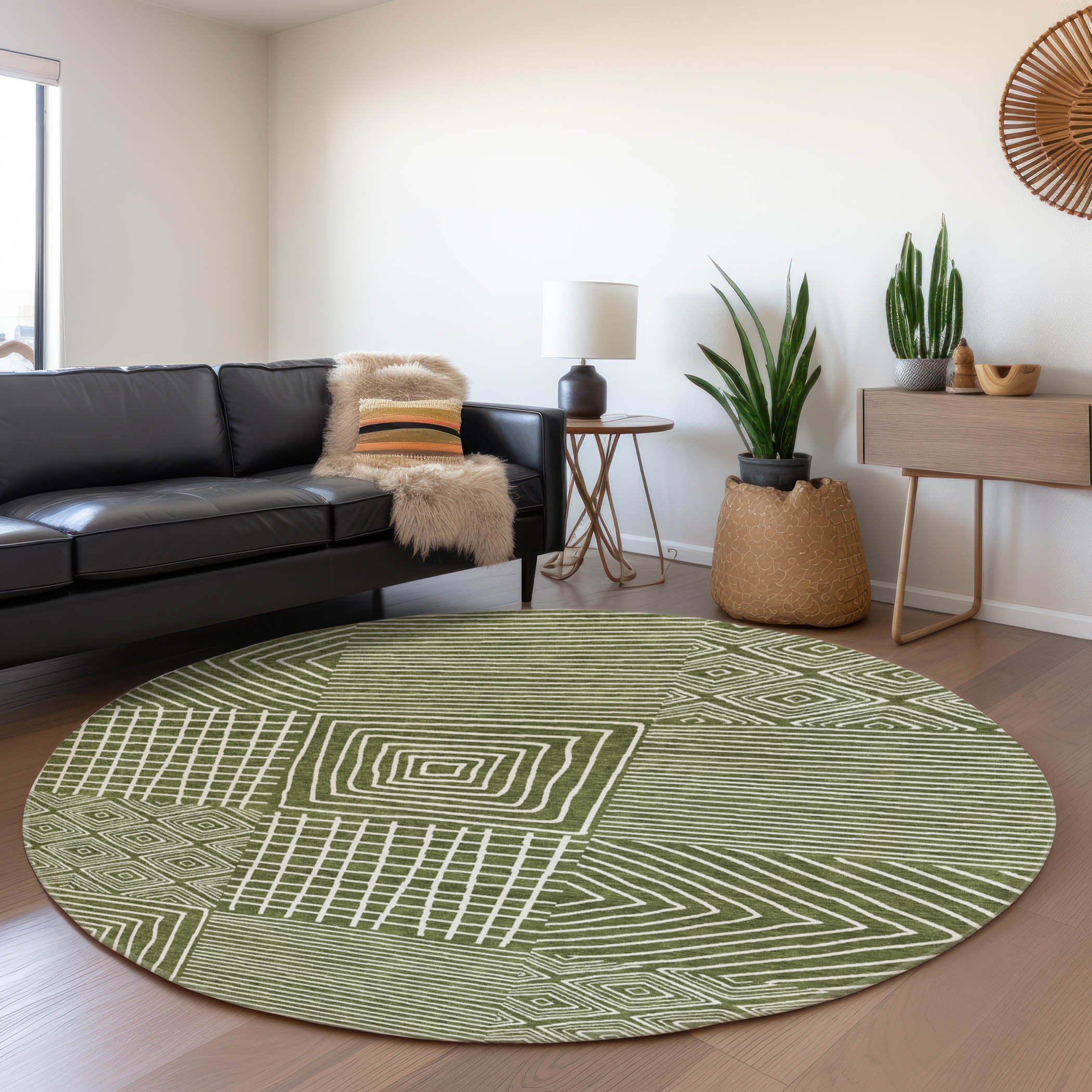 Santorini Machine Washable Transitional Olive Green Rug 8' x 8' #shape_Round