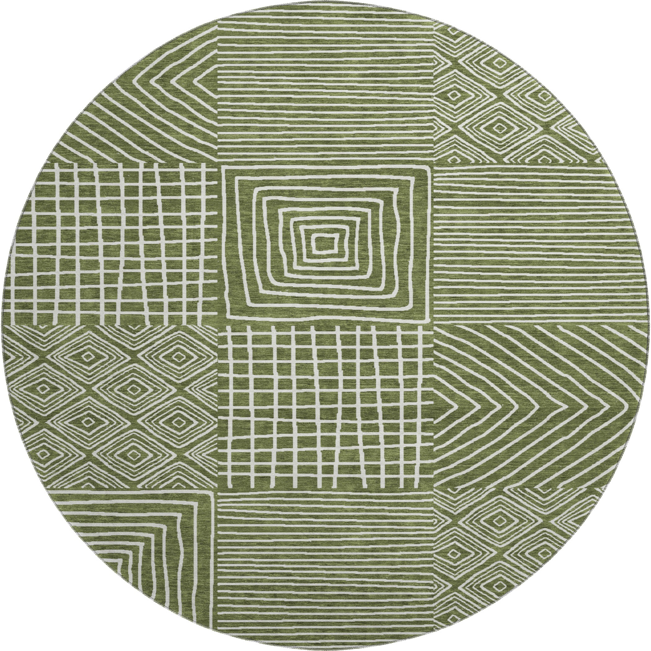 Santorini Machine Washable Transitional Olive Green Rug 8' x 8' #shape_Round