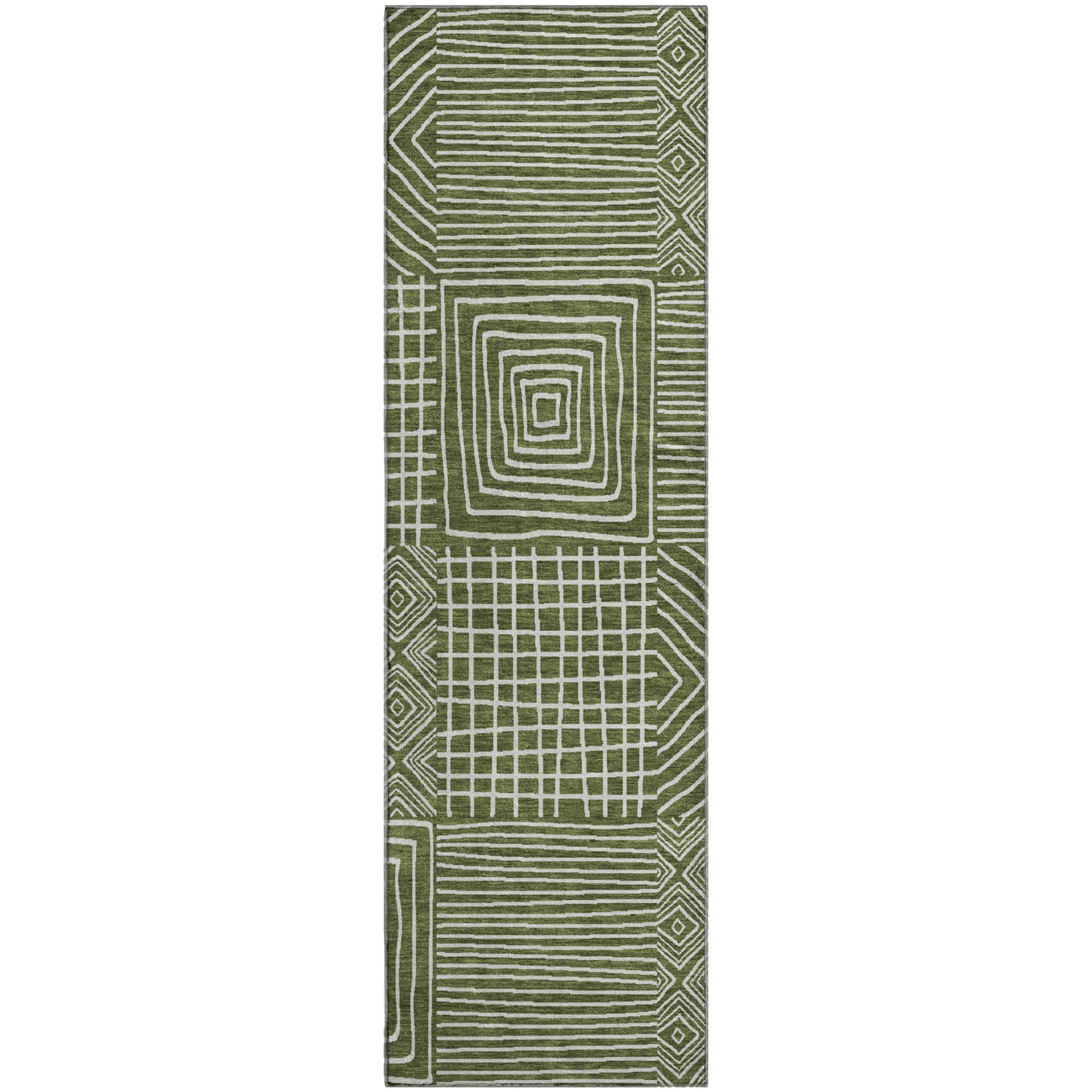 Santorini Machine Washable Transitional Olive Green Rug 2'3" x 7'6" #shape_Runner