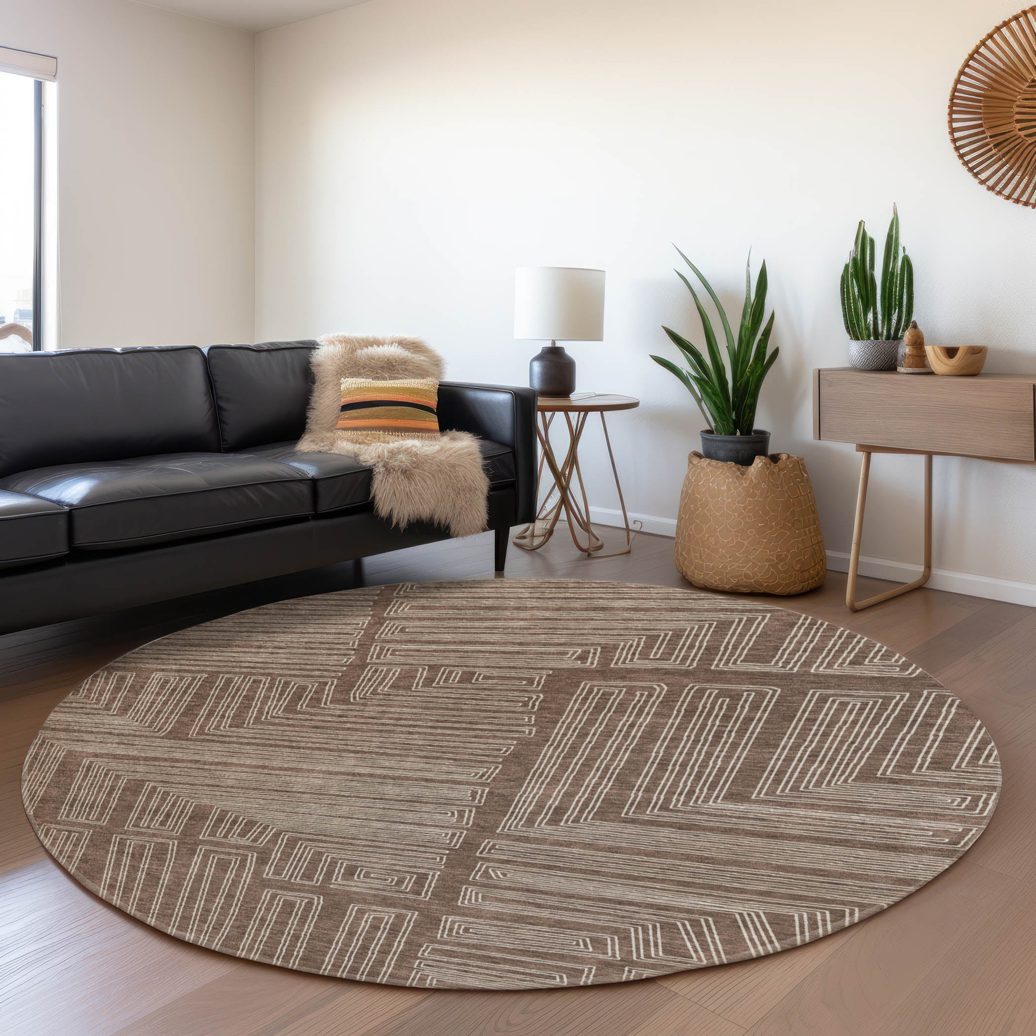 Vienna Machine Washable Transitional Brown Rug 8' x 8' #shape_Round