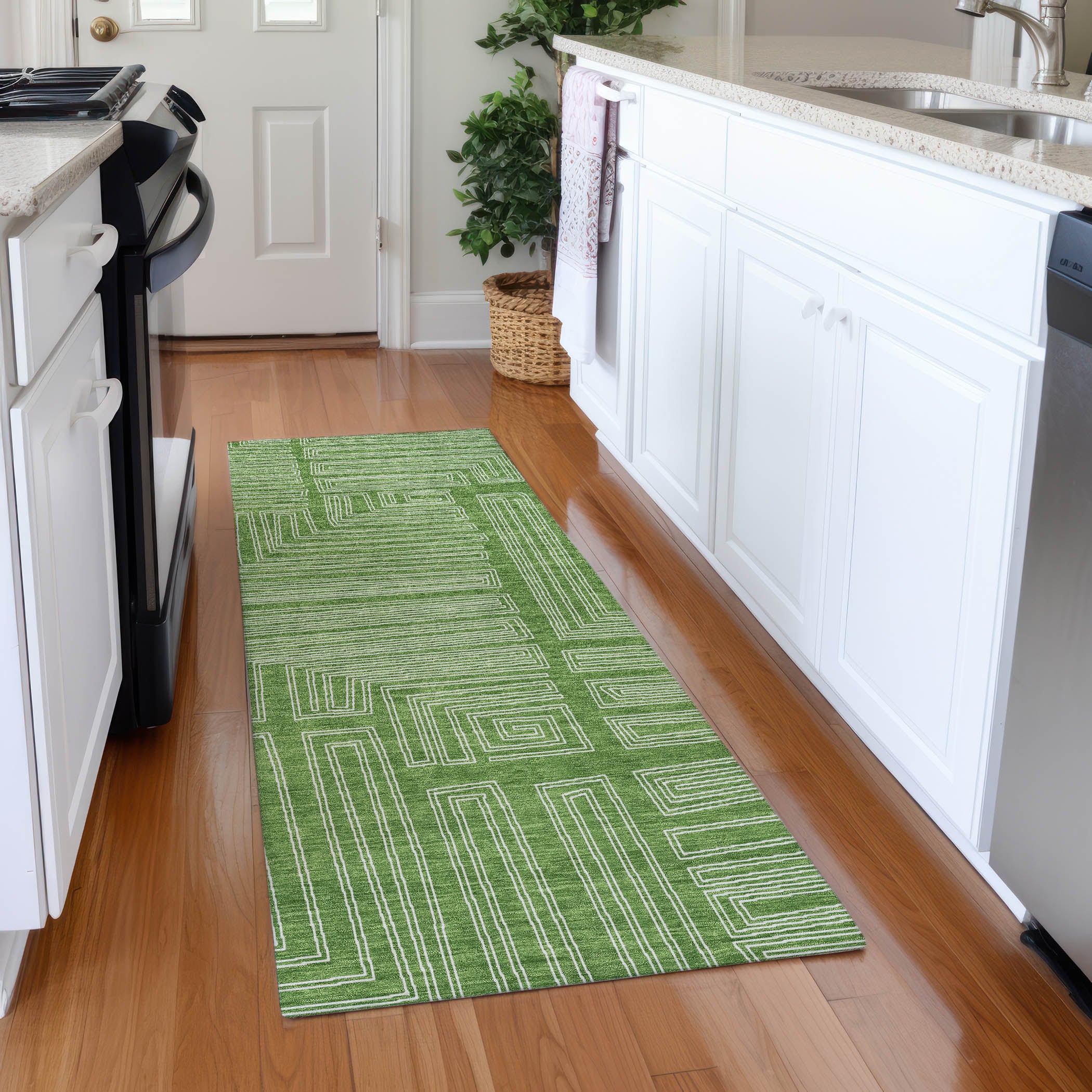 Vienna Machine Washable Transitional Green Rug 2'3" x 7'6" #shape_Runner